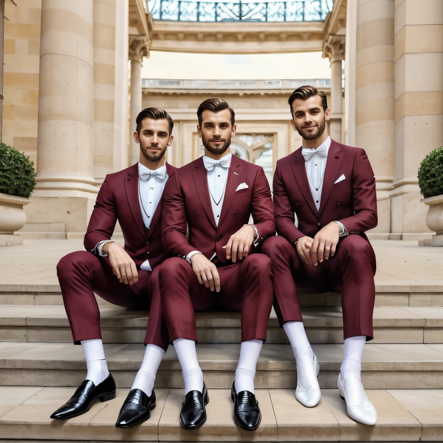 full view full body, three High end white european dapper guys with ugly big strong snouts, wearing the best hype finest dapper suits and finest elegant dress shoes and finest thinest burgundy dress socks, dapper jewelery and rings, sitting on big stairs, posing at Fashion week front Grand-Palais in Paris, arrogantly smiling showing off most whitest teeth ever 