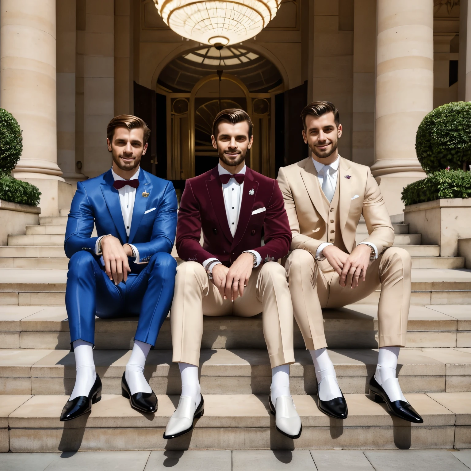 full view full body, three High end white european dapper guys with ugly big strong snouts, wearing the best hype finest dapper suits and finest elegant dress shoes and finest thinest burgundy dress socks, dapper jewelery and rings, sitting on big stairs, posing at Fashion week front Grand-Palais in Paris, arrogantly smiling showing off most whitest teeth ever 