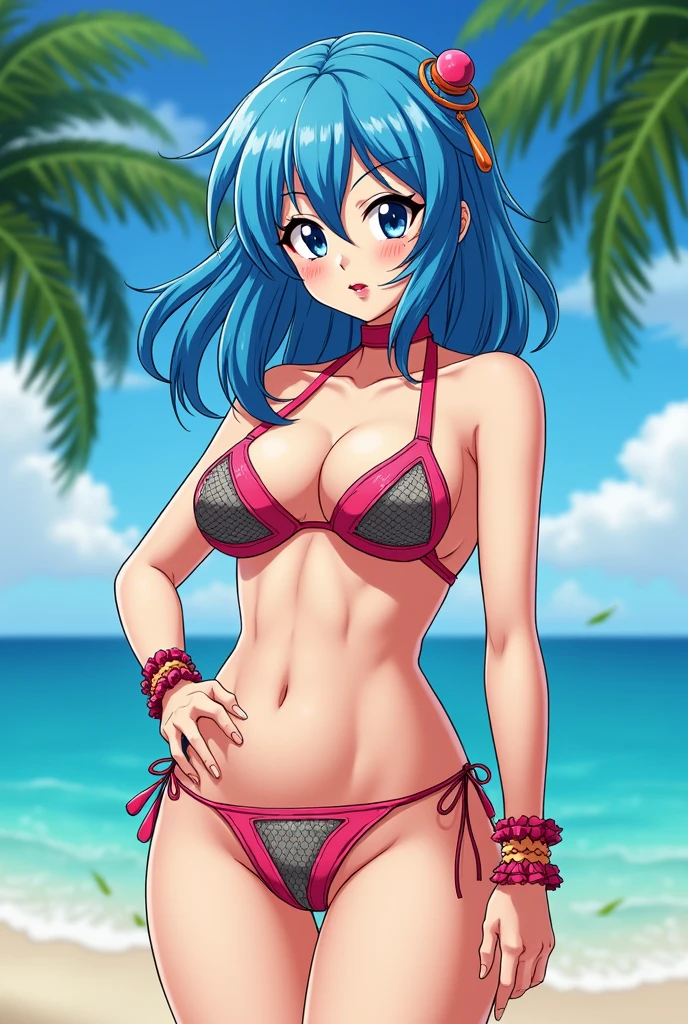 Bulma, 1girl, Blue hair, pink night gown, bare foot, beautiful  female body, beautiful breasts, no underclothing, background: beach