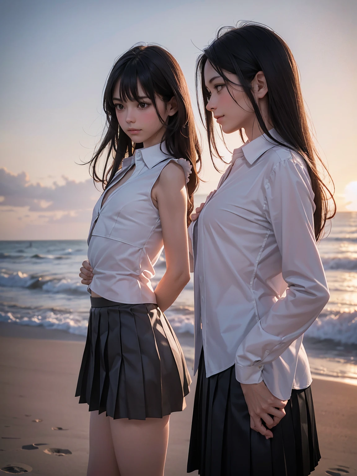 a beautiful Three Girls with long brown hair and brown eyes, Looking at people with a gentle smile, Her bangs frame her face, She is wearing a white collared shirt and a blue pleated skirt, Sitting on the beach with the sunset in the background, Sitting next to her were her friends, one with black hair and one with brown hair., They all wear similar outfits, striped socks and pleated skirts., Raised hand in a friendly gesture, The sweat that splashes around adds to the energy, Vibrant atmosphere, (Three Girls:1.4), (Highest quality,8K,High resolution,masterpiece:1.2),Super detailed,(Realistic,photoRealistic,photo-Realistic:1.37),Studio Lighting,Vibrant colors,Physically Based Rendering,Professional,Highly detailed eyes and face,Long eyelashes,Beautiful attention to detail,Beautiful lip detail