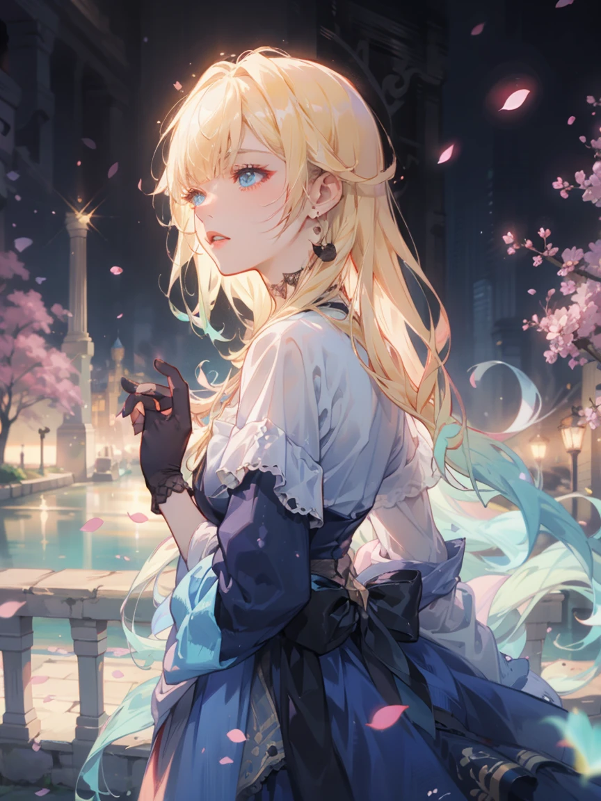 "Under a night sky filled with vibrant fireworks, a beautiful anime-style character named Sakura-ya Eris stands gracefully. She has long flowing blonde hair, large sparkling blue eyes, and wears a sailor-style uniform with black lace gloves, a choker, and cherry-shaped earrings. Surrounding her are cherry blossom trees in full bloom, with petals gently falling around her. The scene captures a peaceful cityscape in the background, with a river and a bridge illuminated by warm, soft lights. The atmosphere is romantic and magical, with the fireworks adding an extra touch of celebration and wonder."