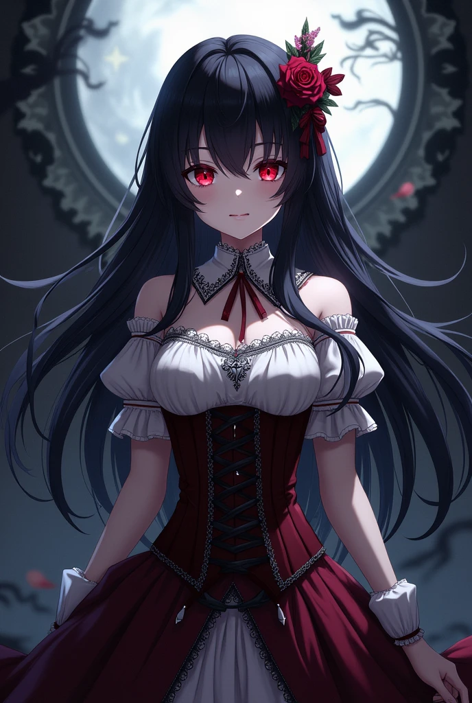 An anime girl who looks with cat ears, very long, straight black hair with bangs similar to Inuyasha's, and golden eyes., with black and purple sleeveless lace gothic dress, with high black boots, and purple gloves, stop with a random black and red background