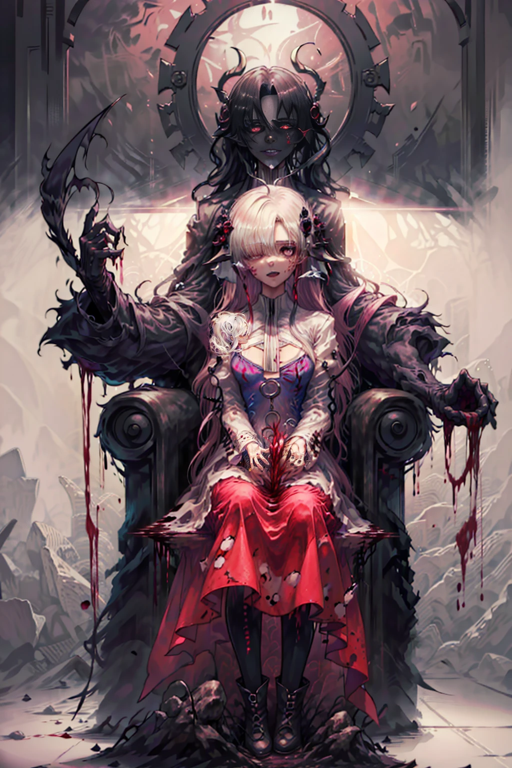 shaded face　、beautiful girl、とてもcute天使、Pink T-shirt、cute、Baby Face、smile、Long skirt、Black long boots、.(Highest quality,4K,High resolution,Masterpiece 1.2),Very detailed,Realistic 1.37,Spooky altar background,Dark fantasy,Red color scheme,Ominous atmosphere,Eye-catching,Storytelling,anatomy,Anime Style,Concept Art,beautiful細部までこだわった顔と (((Red eyes ))),A terrifying ritual ,Satanic Ritual,Premature death,inappropriate behavior,クレイジーなsmile,Scythe Face,Girl Monster, beautiful, Delicate facial features, Sharp Eye, Sharp Fangs, pale skin, Dark Background, Cinema Lighting, Dramatic Shadows, Gothic style, Gloomy atmosphere, Dark fantasy, one person&#39;s, Please open your mouth wide, Open your mouth and baring your teeth,Sharp teeth like a beast, Wide lips, very wide mouth, Vermilion cheeks, ,(Blood splatter1.3),Scary smile, smile,Angel Design, Twisted smile、Bloody、bleeding from the head,,,,,、Blood splatter、,(Blood splatter1.3),skull,Horror Style, ((Fantasy Sweet Ta Frill Pink Costume)), ((Flowing blonde hair)), ,(Blood splatter1.3),Female curves, Sexy flat stomach, Perfect hands, Perfect anime face, (Pink Tata Dress)), Are standing, ((邪悪なsmile)), ,(Blood splatter1.3), Steam circulates, Moonlight Illumination, night lighting, (Blood splatter1.3),アニメAngel Design, Twisted smile、Bloody、bleeding from the head,,,,,、Blood splatter、,(Blood splatter1.3), skull,Gothic architecture、Western architecture、Fantasy World、,Victorian cities, Skeleton Gas Light,Absurd, High resolution、 ((Tabletop)), ((Highest quality)), (Very detailedな), ((Very detailed)), (beautiful), ((cute)), (nfsw1.8), alone,(1.6)、(world&#39;The most terrifying and creepy demon girl 1.5)beautiful face、Whole Body Ezbian、pale, beautiful肌、beautiful金の髪、優しくsmileむ、Dark building ruins、(snow white&#39;Frill dress 1.3)、(The dark ruins are stained with blood 1.3)、Low angle full body shot、(少女は血の海の中にAre standing1.2)、(The ground is .3)、(The girl lost a lot of blood....1.3)、(クレイジーなsmile1.6)、Spirits、(Blood dripping from the mouth 1.3)、
