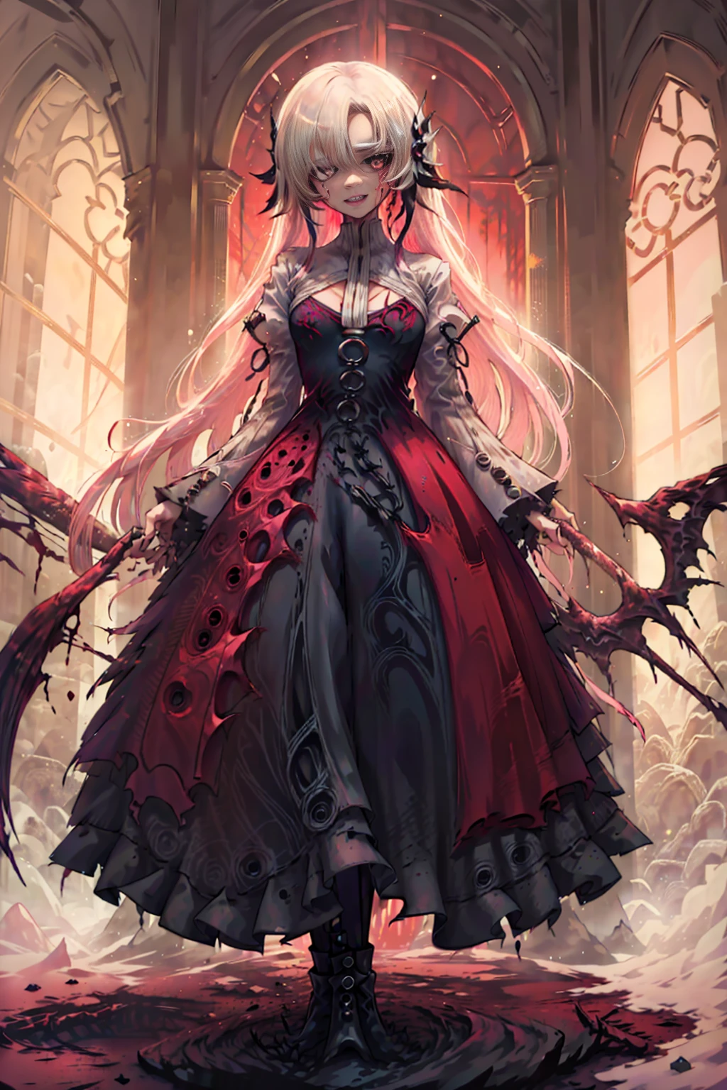 shaded face　、beautiful girl、とてもcute天使、Pink T-shirt、cute、、smile、Long skirt、Black long boots、.(Highest quality,4K,High resolution,Masterpiece 1.2),Very detailed,Realistic 1.37,Spooky altar background,Dark fantasy,Red color scheme,Ominous atmosphere,Eye-catching,Storytelling,anatomy,Anime Style,Concept Art,beautiful細部までこだわった顔と (((Red eyes ))),A terrifying ritual ,Satanic Ritual,Premature death,inappropriate behavior,クレイジーなsmile,Scythe Face,Girl Monster, beautiful, Delicate facial features, Sharp Eye, Sharp Fangs, pale skin, Dark Background, Cinema Lighting, Dramatic Shadows, Gothic style, Gloomy atmosphere, Dark fantasy, one person&#39;s, Please open your mouth wide, Open your mouth and baring your teeth,Sharp teeth like a beast, Wide lips, very wide mouth, Vermilion cheeks, ,(Blood splatter1.3),Scary smile, smile,Angel Design, Twisted smile、Bloody、bleeding from the head,,,,,、Blood splatter、,(Blood splatter1.3),skull,Horror Style, ((Fantasy Sweet Ta Frill Pink Costume)), ((Flowing blonde hair)), ,(Blood splatter1.3),Female curves, Sexy flat stomach, Perfect hands, Perfect anime face, (Pink Tata Dress)), Are standing, ((邪悪なsmile)), ,(Blood splatter1.3), Steam circulates, Moonlight Illumination, night lighting, (Blood splatter1.3),アニメAngel Design, Twisted smile、Bloody、bleeding from the head,,,,,、Blood splatter、,(Blood splatter1.3), skull,Gothic architecture、Western architecture、Fantasy World、,Victorian cities, Skeleton Gas Light,Absurd, High resolution、 ((Tabletop)), ((Highest quality)), (Very detailedな), ((Very detailed)), (beautiful), ((cute)), (nfsw1.8), alone,(1.6)、(world&#39;The most terrifying and creepy demon girl 1.5)beautiful face、Whole Body Ezbian、pale, beautiful肌、beautiful金の髪、優しくsmileむ、Dark building ruins、(snow white&#39;Frill dress 1.3)、(The dark ruins are stained with blood 1.3)、Low angle full body shot、(少女は血の海の中にAre standing1.2)、(The ground is .3)、(The girl lost a lot of blood....1.3)、(クレイジーなsmile1.6)、Spirits、(Blood dripping from the mouth 1.3)、
