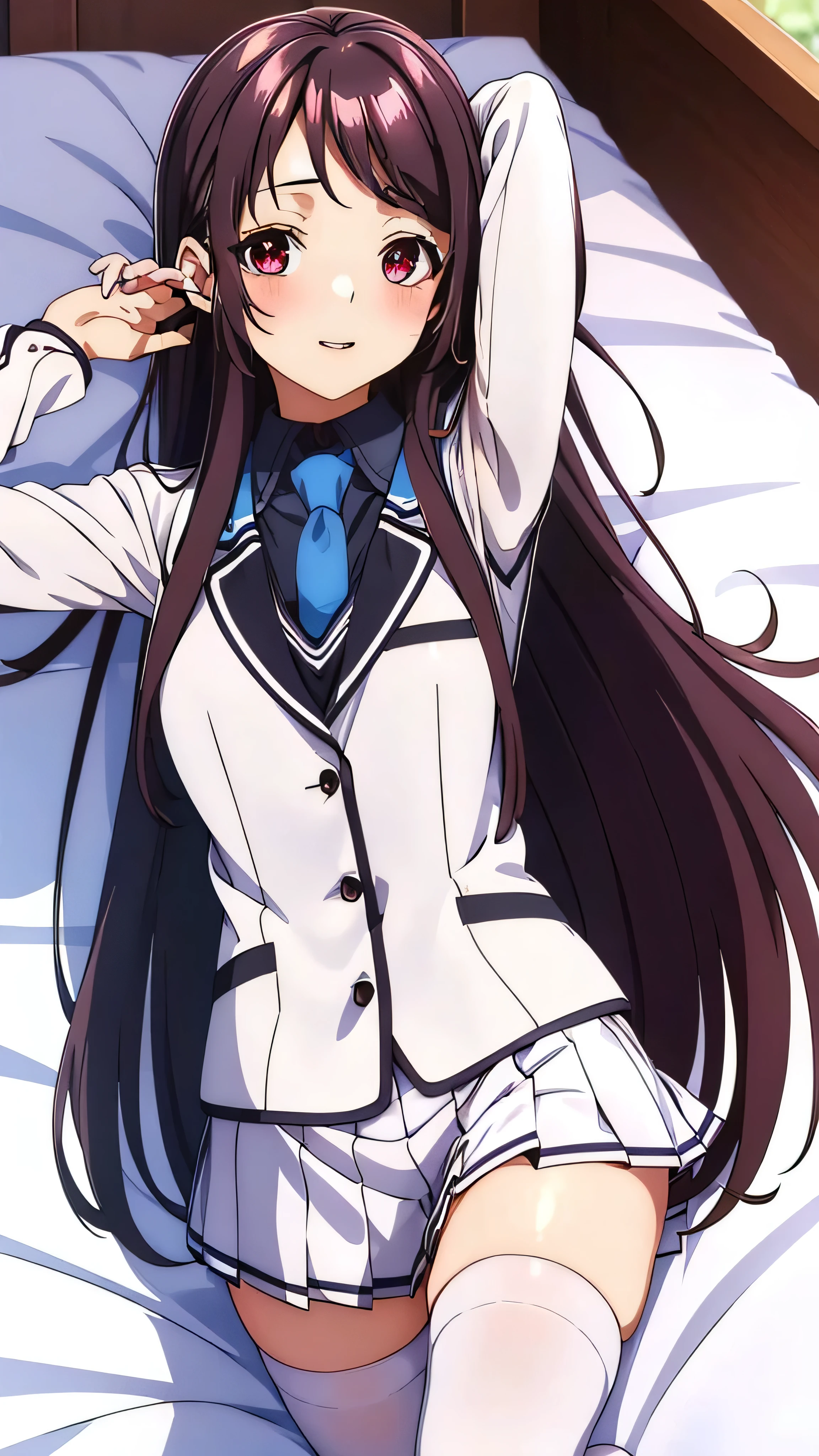 Show your armpits,Kaori Hojo, girl, (masterpiece: 1.1), (highest quality: 1.1), red eyes, long hair, cute smile, blush, parted lips,((school uniform), jacket, sleeve, tie, white skirt),  pantyhose, bed room, ((lying on bed:1.2, cute posing:1.1)), (upper body), gravure,