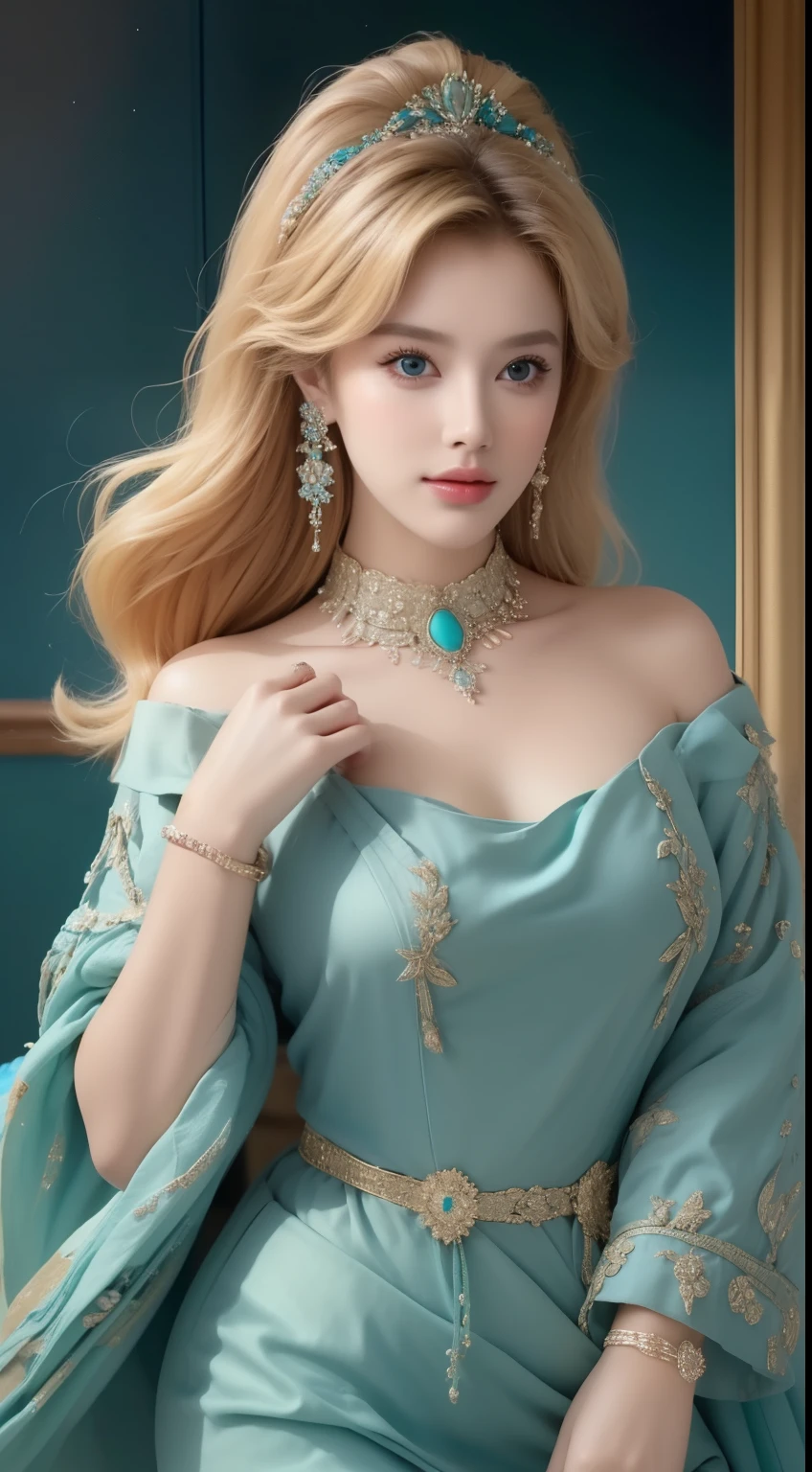 masterpiece，Best image quality，Beautiful bust of a royal woman，delicate blonde hairstyle，turquoise eyes，Adorned with dazzlingly intricate jewellery，super detailing，Upscaled。