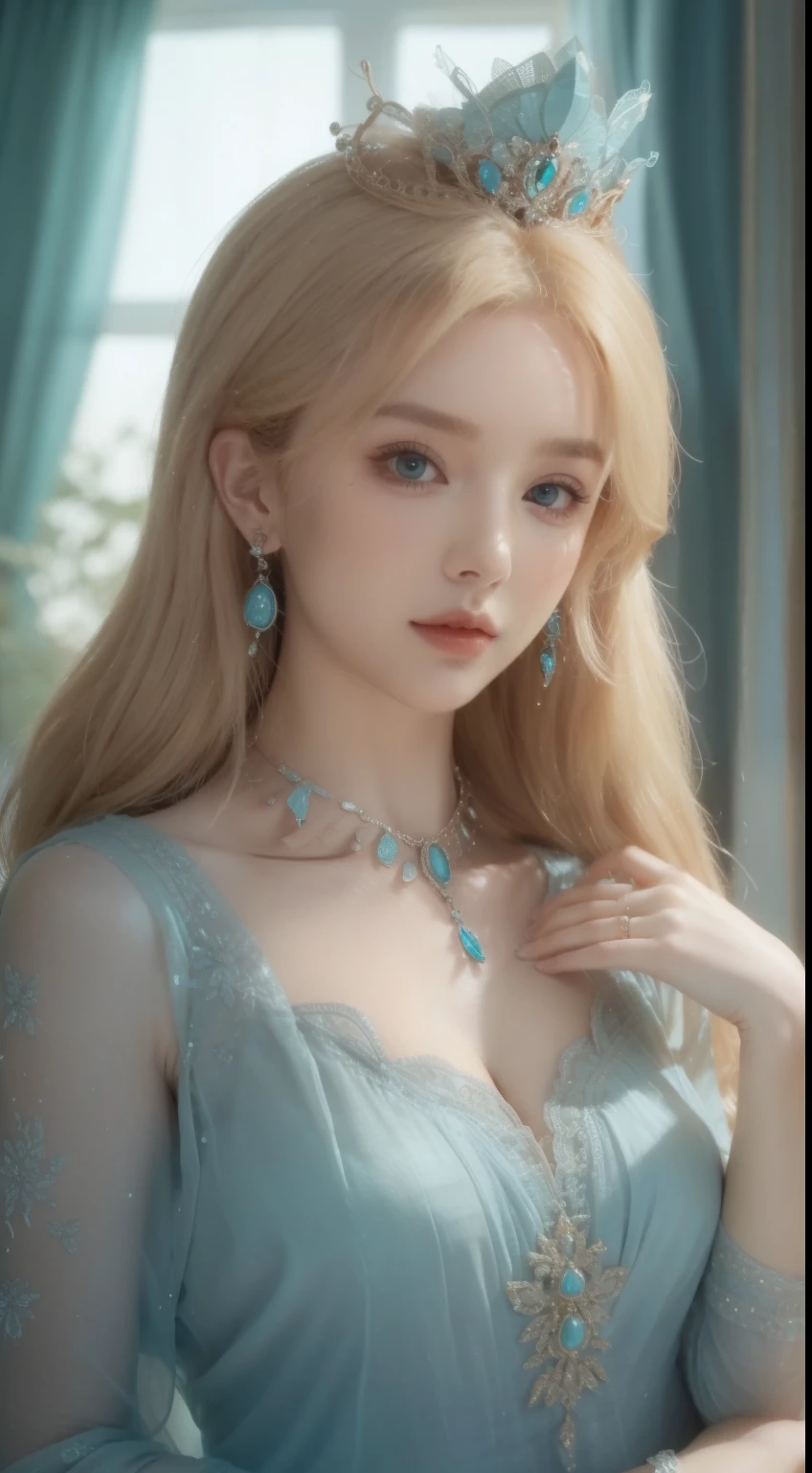 masterpiece，Best image quality，Beautiful bust of a royal woman，delicate blonde hairstyle，turquoise eyes，Adorned with dazzlingly intricate jewellery，super detailing，Upscaled。