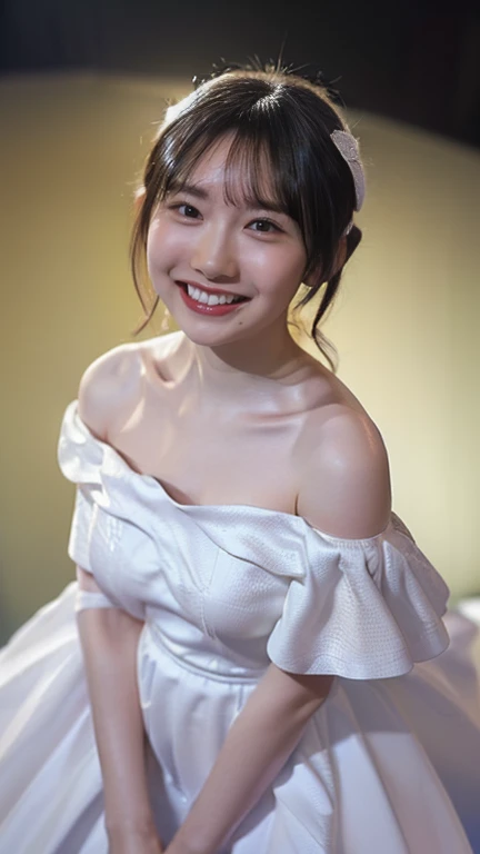 (8k、RAW Photos、Highest quality、masterpiece:1.2)、(Realistic、Realistic)、1 girl、((White off-the-shoulder dress、on stage、In the spotlight、View from above、smile、Looking into the camera 、smile、Upper body photo:1.5))、Leaning forward、cute、Large Breasts、(((Sing with a microphone)))