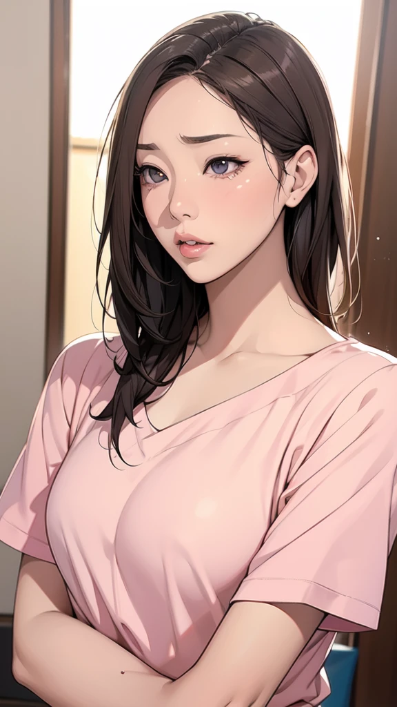 Beautiful and attractive woman with Japan、Half-body photo、Delicate and sexy collarbone、Attractive face、double eyelid、bright peach-colored eyes、Pink Lips、Small NoseFace close-up、Ultra-high resolution、Super detailed、Graceful posture、Tshirt、front view、Dynamic facial expressions、cry、solo、One person,ยางรัดผมเดี่ยว, มัดผม, ผมหยิก, ผมประบ่า, หน้าม้าเอียง,