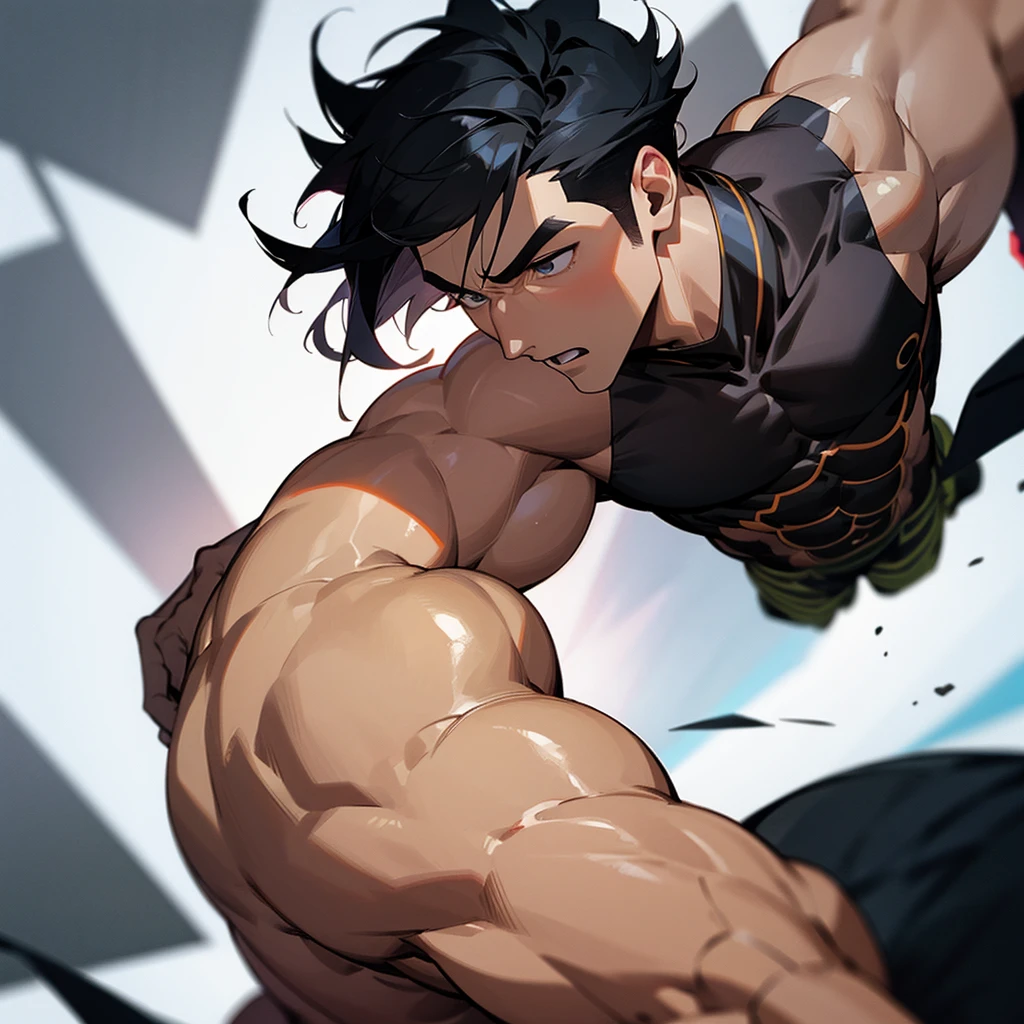 Strong muscular man, golden eyes with a sharp and cold look. Dark skin, messy black hair.
