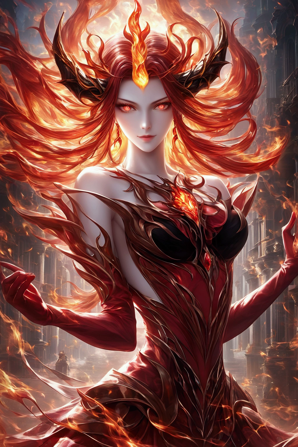 (fauvism art:1.2), (style of Alberto Seveso:1.4), woman with flaming body and a fierce expression, (hateful expression:1), sparking fire red eyes, hell, nobody can flee, dark lava theme, colorful, visually stunning, beautiful, gorgeous, emotional, intricate, perferct shading