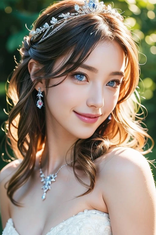 whole body、Bright garden、Wedding dress、a wedding ceremony、blue eyes、blonde、smile、Jewel Tiara、short hair、necklace、 (((masterpiece)))、((Highest quality))、((超Realistic))、perspective、Very detailed、The perfect temptation、Best image quality、Fine-grained image quality、beautiful、European, woman, French, woman Italian, Italian, jewelry, blue eyes, Realistic, High resolution, Glowing Skin, (Detailed face),tattoo, jewelry, Wavy Hair,attractive appearance, smile, Perfect Style,Ｄcup 、 Perfect balance, 