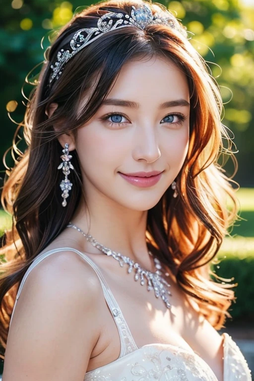 whole body、Bright garden、Wedding dress、a wedding ceremony、blue eyes、blonde、smile、Jewel Tiara、short hair、necklace、 (((masterpiece)))、((Highest quality))、((超Realistic))、perspective、Very detailed、The perfect temptation、Best image quality、Fine-grained image quality、beautiful、European, woman, French, woman Italian, Italian, jewelry, blue eyes, Realistic, High resolution, Glowing Skin, (Detailed face),tattoo, jewelry, Wavy Hair,attractive appearance, smile, Perfect Style,Ｄcup 、 Perfect balance, 