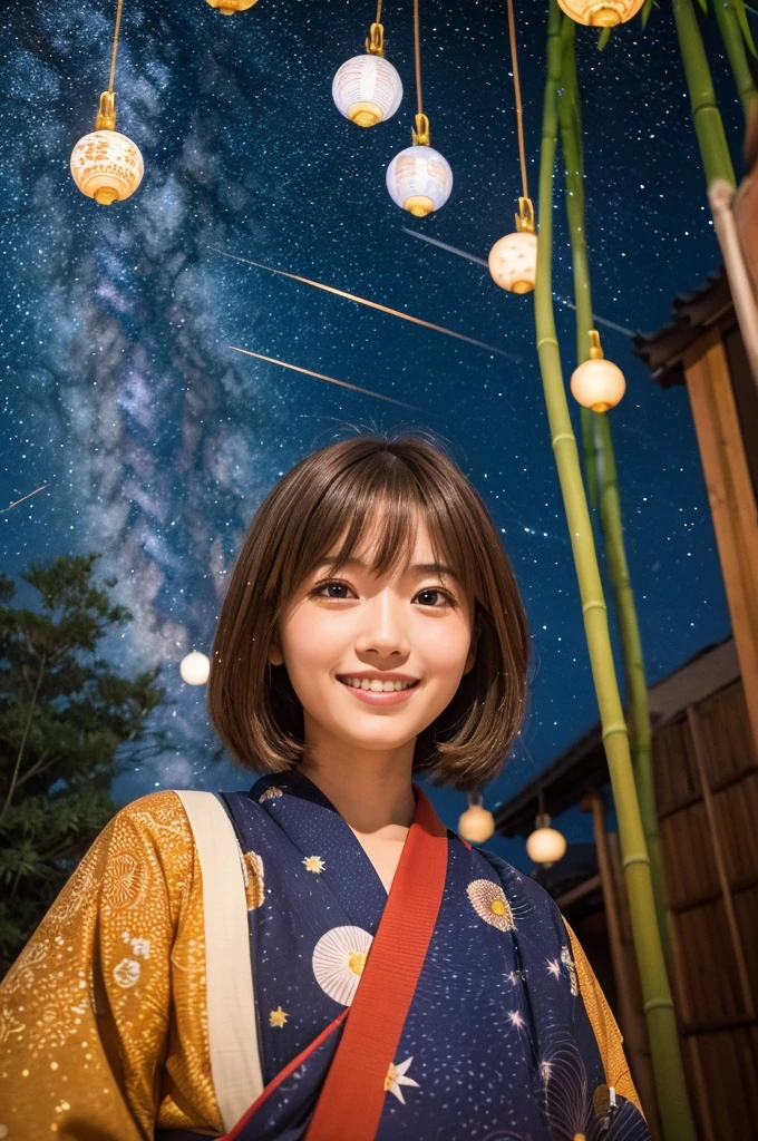 Milky Way in the night sky、Tanabata decoration、colorful strips of paper、A super cute Japanese girl in a watermelon-patterned yukata gazing at the night sky