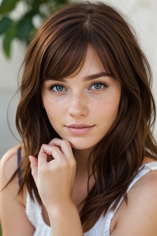 Beautiful 20 year old european  woman with dark auburn hair, bangs, Freckles, dimples: 1.0, blushing, 