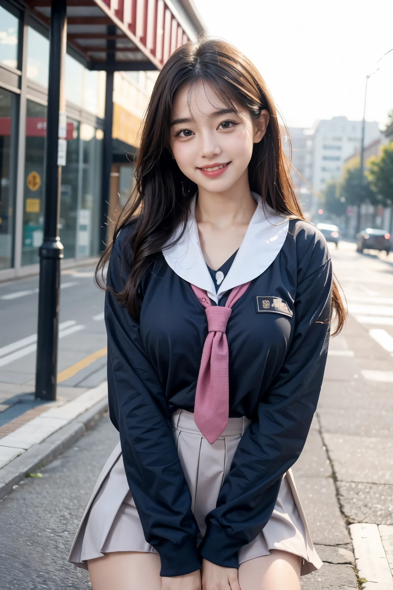 (masutepiece:1.3), (8K, Photorealistic, Raw photo, Best Quality: 1.4), Japanese, (1girl in), Beautiful face, (Realistic face), (Black hair), Beautiful hairstyle, Realistic eyes, Beautiful detailed eyes, (Realistic skin), Beautiful skin, Attractive, 超A high resolution, A hyper-realistic, Highly detailed, Golden ratio,School uniform.)、1girll、cute little、A smile、a closed mouth、Beautiful details、Beautiful nose in every detail、full body Esbian、wetting hair、Colossal Dalsepho、pork meat、student clothes、thighs thighs thighs thighs