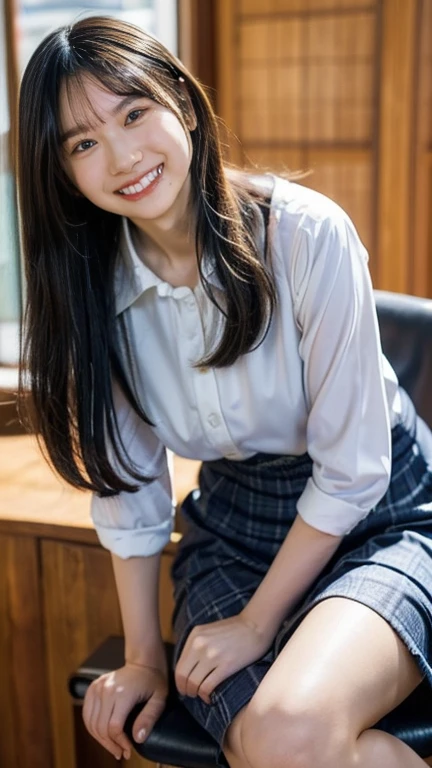 (Highest quality、masterpiece、、Best image quality、Ultra-high resolution、Award-winning works)、(pretty girl:1.8)、(Accurate anatomy:1.1)、office、2 girl、Navy blue business suit、White blouse、Attaches securely to the chair、Crossing your legs、Normal chest、Medium Hair、(((smile:1.8)))、View from below:1.8