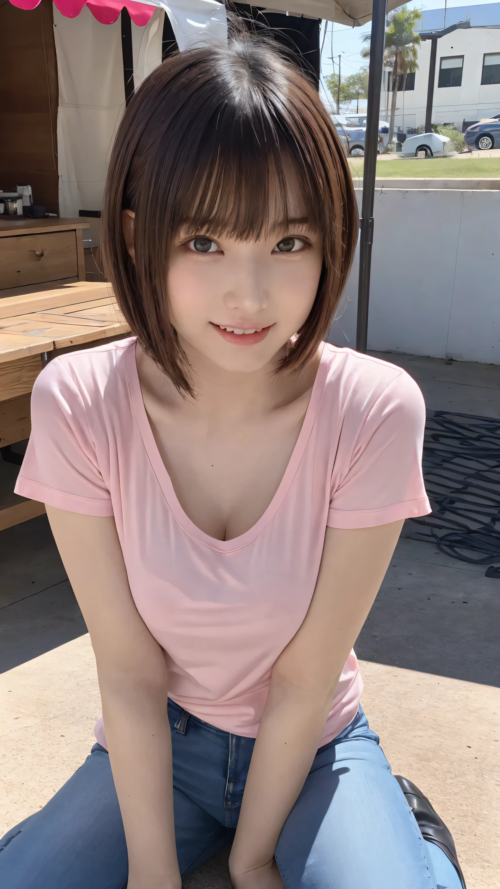 beautiful girl, (Cut out, See-through clothes Bust:1.3, Pink transparent T-shirt:1.3, Low-rise hot pants:1.3), (16 years:1.3), break, (Farmers' Market:1.2), break, Embarrassed laugh, Baby Face, Very beautiful eyes, (Symmetrical eyes:1.3), break, (D cup breasts:1.2), Brown eyes, Parted bangs, Brown bob cut hair:1.3, Round face, cute, break, (Eye and facial details:1.0), Spread your legs:1.3, Shooting from below, Pussy Line, Camel Toe, Looking into the camera, masterpiece, Highest quality, RAW Photos, Realistic, cute人々, Written boundary depth, High resolution, Very detailedな, In detail, Very detailed, Very detailed, Sharp pupils, Cinema Lighting