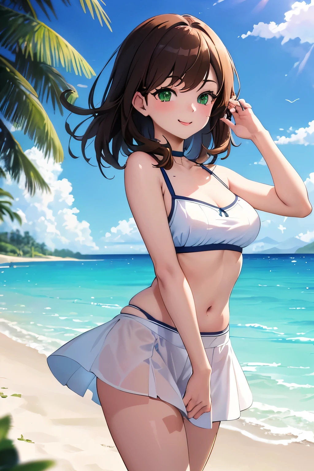 absurdres, 1girl, the ocean, railing, white dresses, Sun hat, ssmile, (realistic:0.75), (waving:0.9),Transparent skirt,white panties,Camel toes,