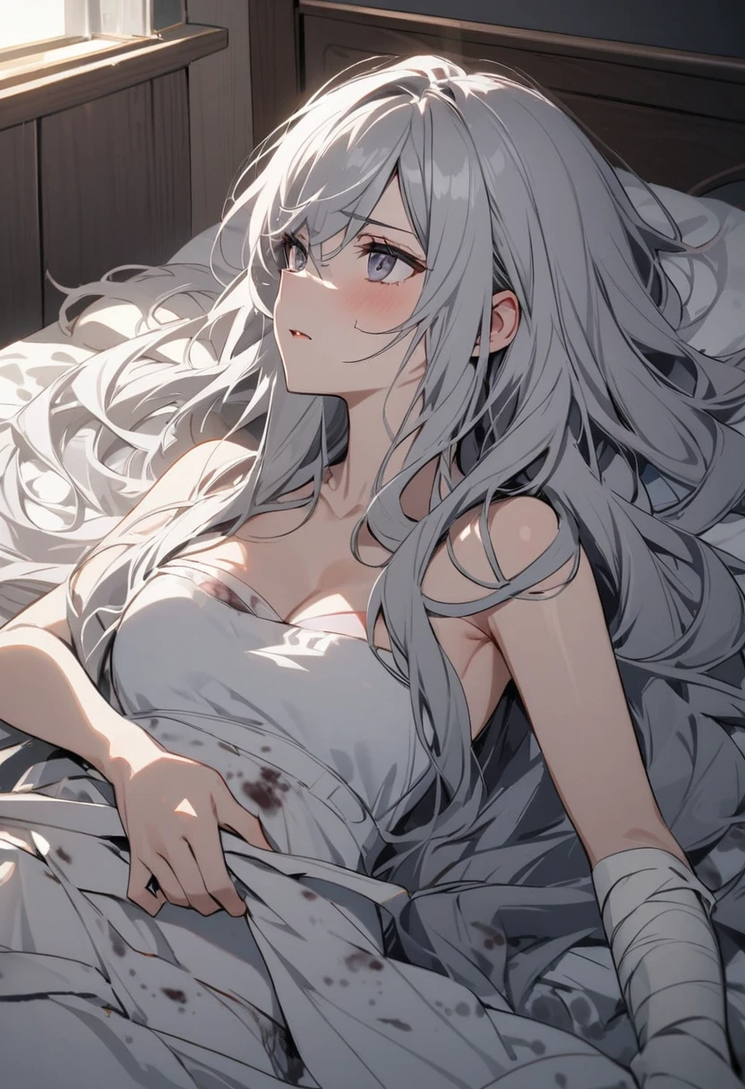 (Confused, High resolution, Very detailed), 1 female, Silver Hair,Long Hair,,White patient gown,,Appearance of the injury,24th generation,beauty,mature,thin,quiet,Calm,Sleeping in a medical bed,右腕にbandageをしている,hospital,I was injured,bandage,Sleeping