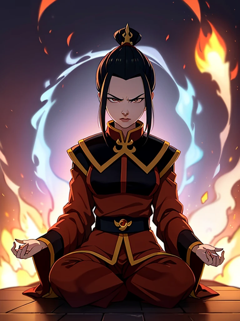 masterpiece, best quality, 1girl, azula, fire nation clothes, azula (avatar the last airbender), solo, black hair, fire, dark, long hair, topknot, serious, closed eyes, meditating, sitting, avatar meditation,, princess azula, eyes open, pure white eyes, Swirling flames and electricity. Red and blue flames