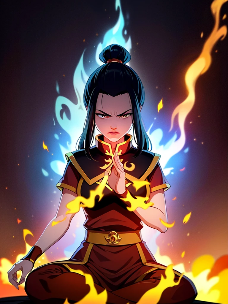 masterpiece, best quality, 1girl, azula, fire nation clothes, azula (avatar the last airbender), solo, black hair, fire, dark, long hair, topknot, serious, closed eyes, meditating, sitting, avatar meditation,, princess azula, eyes open, pure white eyes, Swirling flames and electricity. Red and blue flames