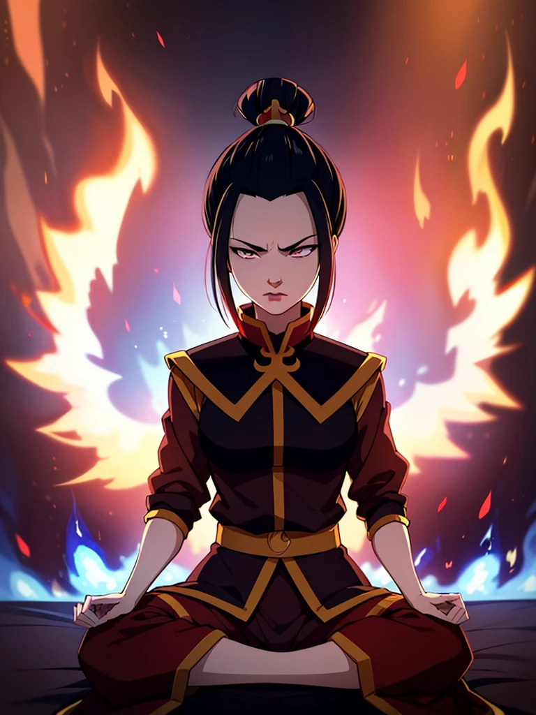 masterpiece, best quality, 1girl, azula, fire nation clothes, azula (avatar the last airbender), solo, black hair, fire, dark, long hair, topknot, serious, closed eyes, meditating, sitting, avatar meditation,, princess azula, eyes open, pure white eyes, Swirling flames and electricity. Red and blue flames