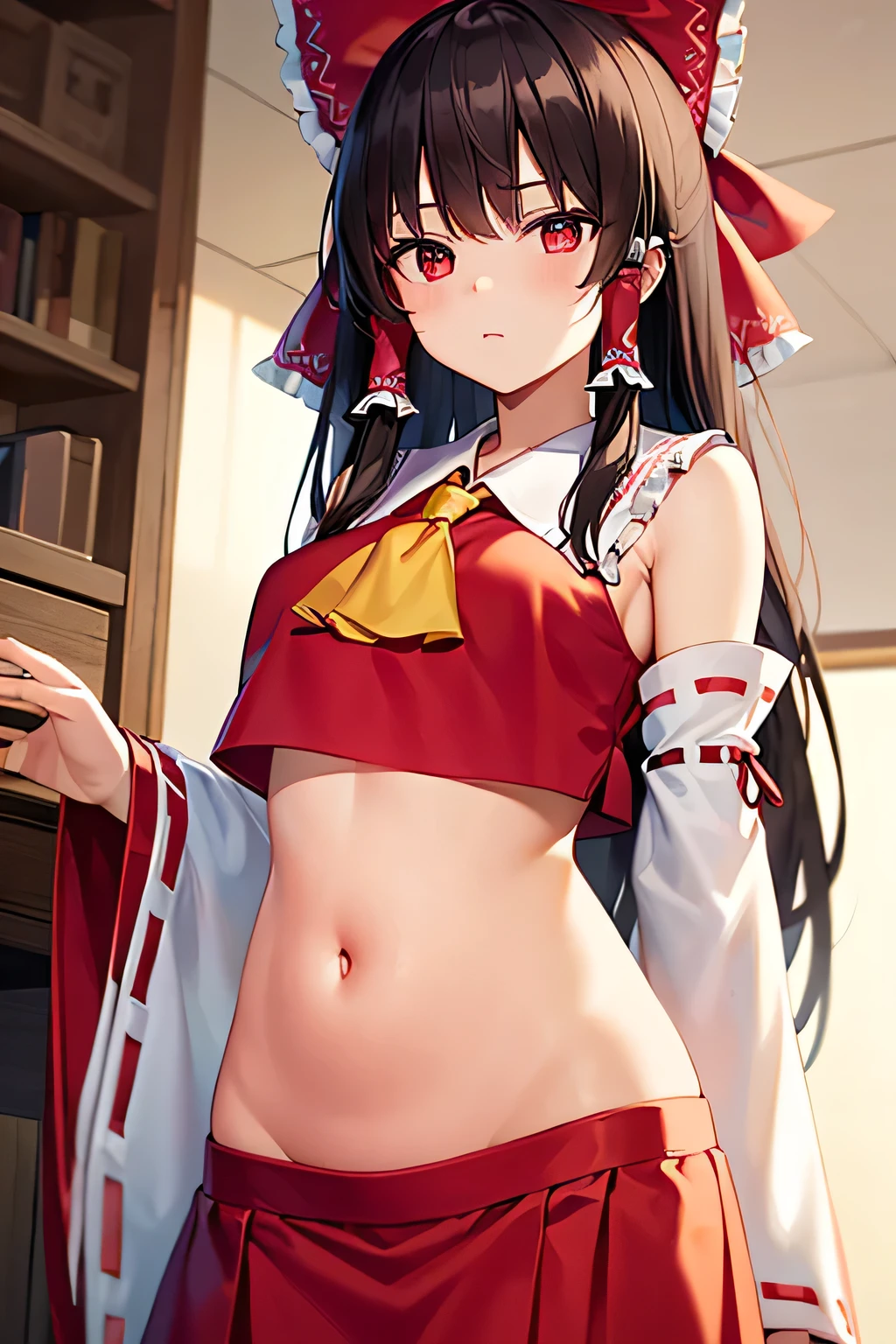 masutepiece,Best Quality,Ultra-detailed,High resolution,Unity 8k壁纸,super detailed skin,Cinematic lighting,Beautiful detailed eyes,Ideal ratio body proportions,(huge-breasted,Nipples directed upwards:1.4), ((slim)), (from side:1.4),(school uniform,cutout between underboob and belly button:1.4)Thin, an hourglass figure, Toned,  thick thighs,(shrine maiden,Tsubaki Miyajima:1.4)