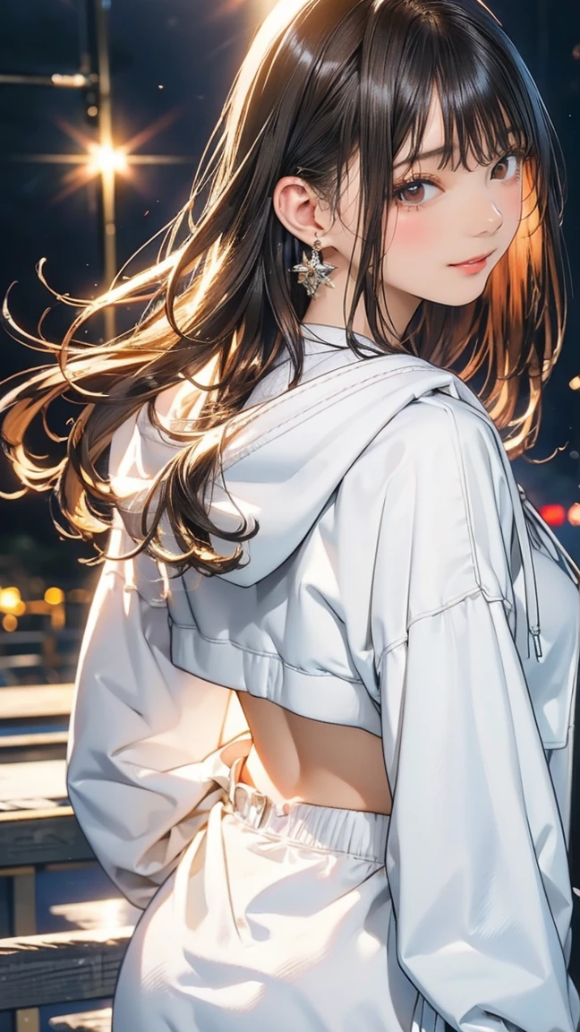 girl1人、(White hoodie:1.2)、(RAW Photos、Highest quality)、(Genuine、Realistic:1.4)、masterpiece、Very delicate and beautiful、非常にdetailed、2k wallpaper、wonderful、detailed、非常にdetailed CGユニティ 8k 壁紙、非常にdetailed、High resolution、Soft Light、美しいdetailedgirl、非常にdetailed目と顔、美しいdetailed鼻、美しいdetailed特別な目、Cinema Lighting、City lights at night、Perfect Anatomy、Slender body、A light smile、close、(Long hair with bangs)、Large Breasts　Actual, Highest quality, Natural light, Pay attention to the butt, girl, Perfect body, Slim Abs, Dark brown hair, Long legs, White T-back, (Beautiful ass:1.1), Show me your back, , Long limbs, Protruding round ass, walk, Attention to detail, masterpiece, Highest quality, 8k