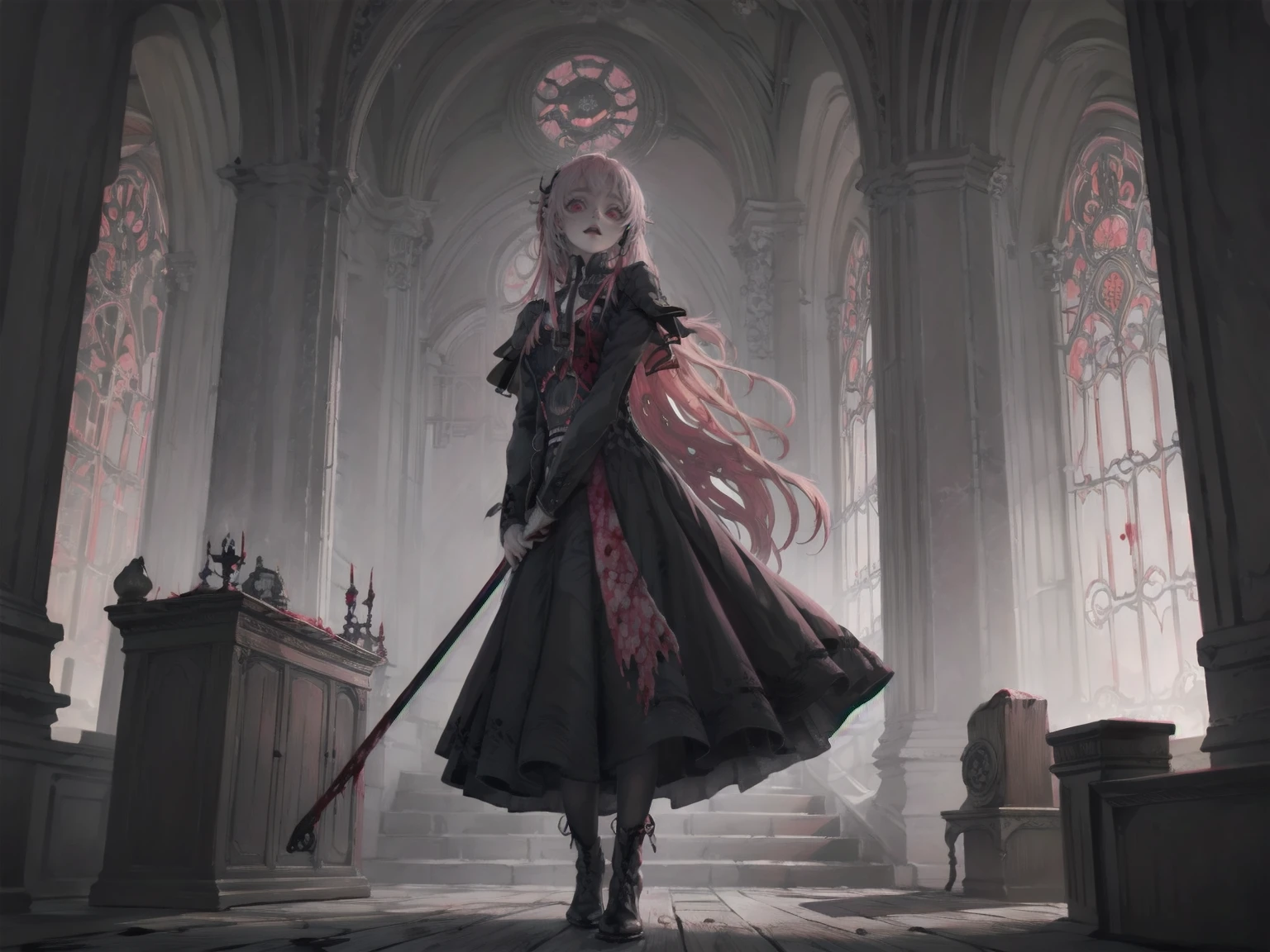 shaded face　、beautiful girl、とてもcute天使、Pink T-shirt、cute、Baby Face、smile、Long skirt、Black long boots、.(Highest quality,4K,High resolution,Masterpiece 1.2),Very detailed,Realistic 1.37,Spooky altar background,Dark fantasy,Red color scheme,Ominous atmosphere,Eye-catching,Storytelling,anatomy,Anime Style,Concept Art,beautiful細部までこだわった顔と (((Red eyes ))),A terrifying ritual ,Satanic Ritual,Premature death,inappropriate behavior,クレイジーなsmile,Scythe Face,Girl Monster, beautiful, Delicate facial features, Sharp Eye, Sharp Fangs, pale skin, Dark Background, Cinema Lighting, Dramatic Shadows, Gothic style, Gloomy atmosphere, Dark fantasy, one person&#39;s, Please open your mouth wide, Open your mouth and baring your teeth,Sharp teeth like a beast, Wide lips, very wide mouth, Vermilion cheeks, ,(Blood splatter1.3),Scary smile, smile,Angel Design, Twisted smile、Bloody、bleeding from the head,,,,,、Blood splatter、,(Blood splatter1.3),skull,Horror Style, ((Fantasy Sweet Ta Frill Pink Costume)), ((Flowing blonde hair)), ,(Blood splatter1.3),Female curves, Sexy flat stomach, Perfect hands, Perfect anime face, (Pink Tata Dress)), Are standing, ((邪悪なsmile)), ,(Blood splatter1.3), Steam circulates, Moonlight Illumination, night lighting, (Blood splatter1.3),アニメAngel Design, Twisted smile、Bloody、bleeding from the head,,,,,、Blood splatter、,(Blood splatter1.3), skull,Gothic architecture、Western architecture、Fantasy World、,Victorian cities, Skeleton Gas Light,Absurd, High resolution、 ((Tabletop)), ((Highest quality)), (Very detailedな), ((Very detailed)), (beautiful), ((cute)), (nfsw1.8), alone,(1.6)、(world&#39;The most terrifying and creepy demon girl 1.5)beautiful face、Whole Body Ezbian、pale, beautiful肌、beautiful金の髪、優しくsmileむ、Dark building ruins、(snow white&#39;Frill dress 1.3)、(The dark ruins are stained with blood 1.3)、Low angle full body shot、(少女は血の海の中にAre standing1.2)、(The ground is .3)、(The girl lost a lot of blood....1.3)、(クレイジーなsmile1.6)、Spirits、(Blood dripping from the mouth 1.3)、
