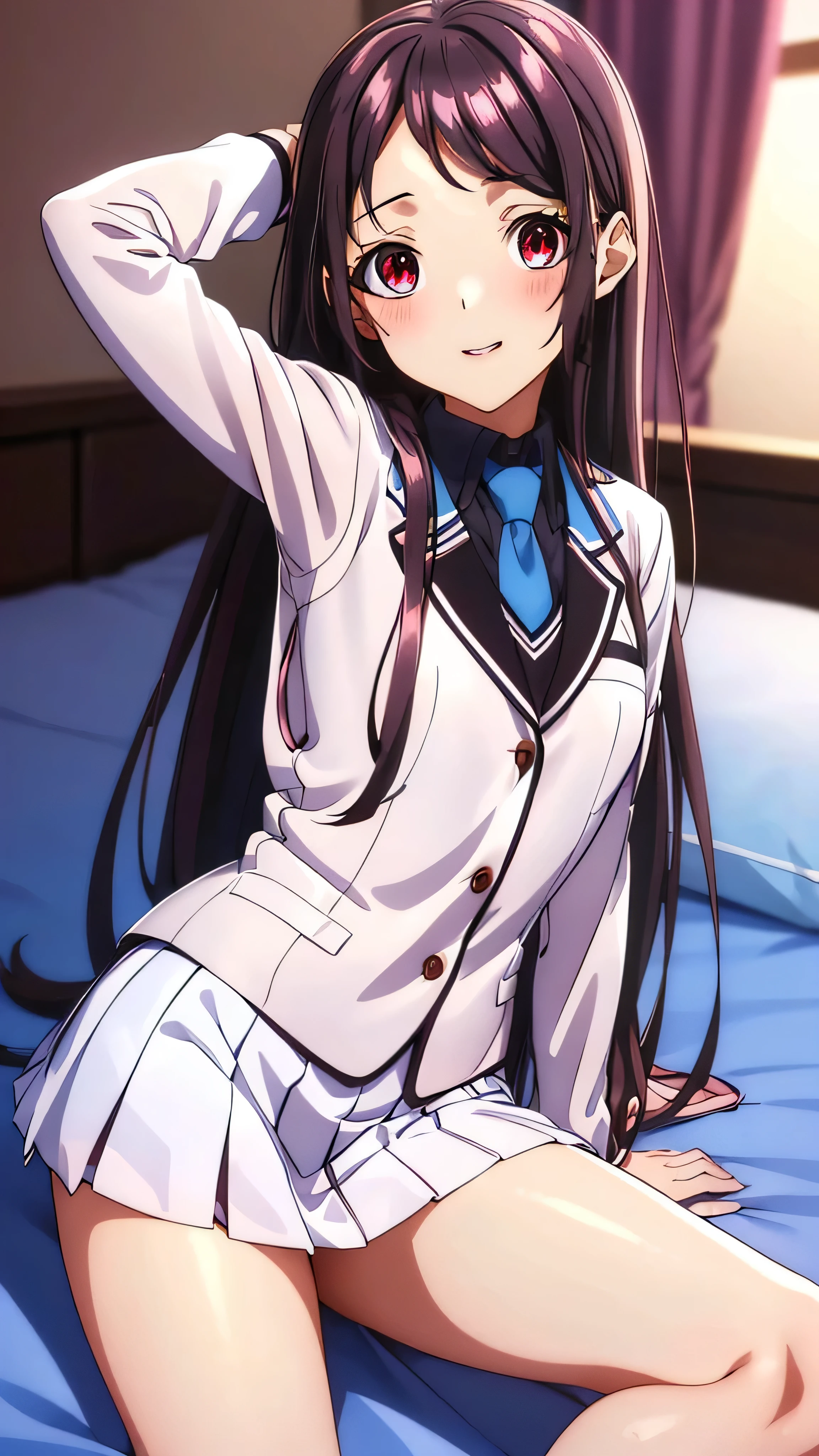 Show your armpits,Kaori Hojo, girl, (masterpiece: 1.1), (highest quality: 1.1), red eyes, long hair, cute smile, blush, parted lips,((school uniform), jacket, sleeve, tie, white skirt),  pantyhose, bed room, ((lying on bed:1.3, cute posing:1.1)), (上から), gravure,