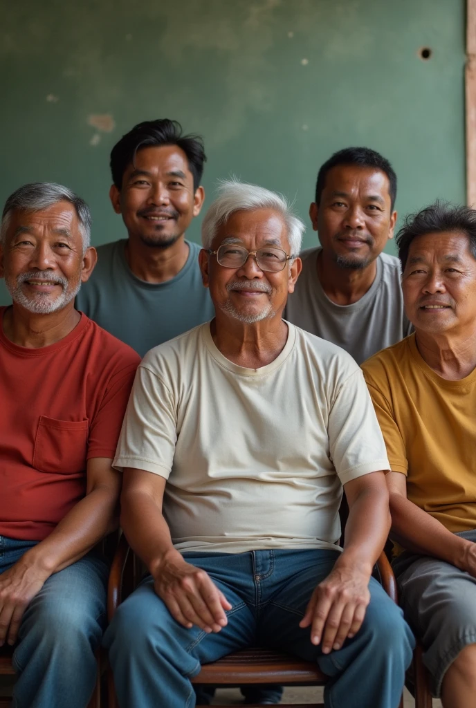 an old, He's light brown, very short semi-bald hair, old clothes and always with a smile on her face and has a magic bag that throws shit