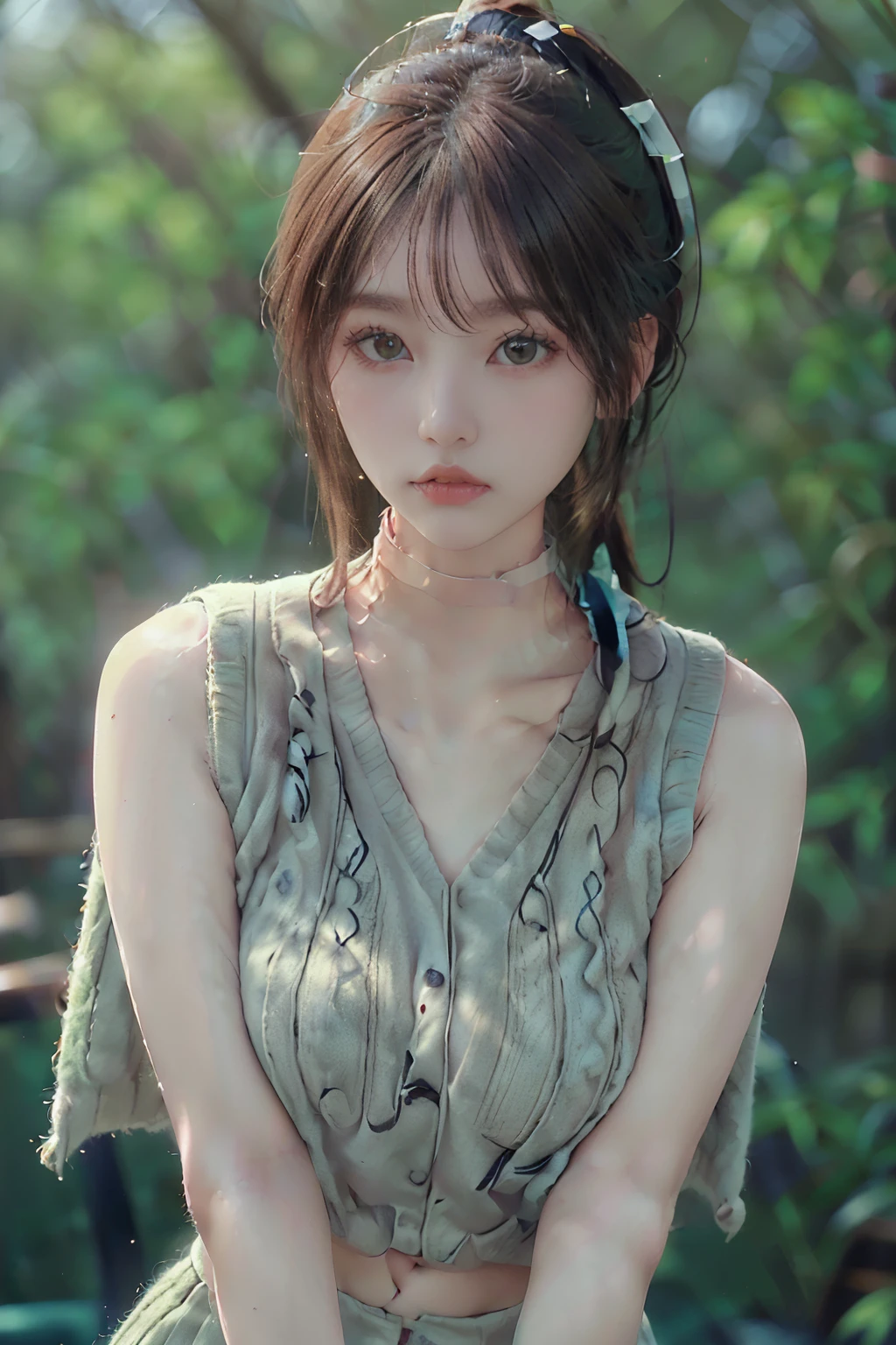 ((realistic lighting, best quality, 8k, table top: 1.3)), ((clear focus:1.8)), break (2 cute girls, duo, Woman in her 20s, Arbitrarily change the face type & Hair in women:1.4), break (perfect beauty, (Very clear skin), (very pale skin), (laugh:0.8), Super Smart, A face with random and very cool details, nice face, Symmetrical beautiful face, Symmetrical beautiful eyes, attention to detail, droopy big long eyes, Hyper Detail Eyes, Both eyes are synchronized, Focus your vision, In focus, Look at us, thin lips:1.4), break ((7 horse toll, Slanted shoulders, narrow shoulders, Thin upper chest, Thinning from below the chest, thin waist:1.5), (very large breasts, Soft, well-shaped breasts:1.7)), (Random Color Straight Ponytail Hair Bangs:1.5), (Exquisite and beautiful facial features) break ( Fitted vest mini maxi knit, (Green knit fabric):1.5), break (black choker:1.5), slim body, break (random mood, Random poses recognize body lines synchronized with emotions., Cape Landon, random location, random location:1.5), ((green background), Simple gradient background:1.4), double eyelid,