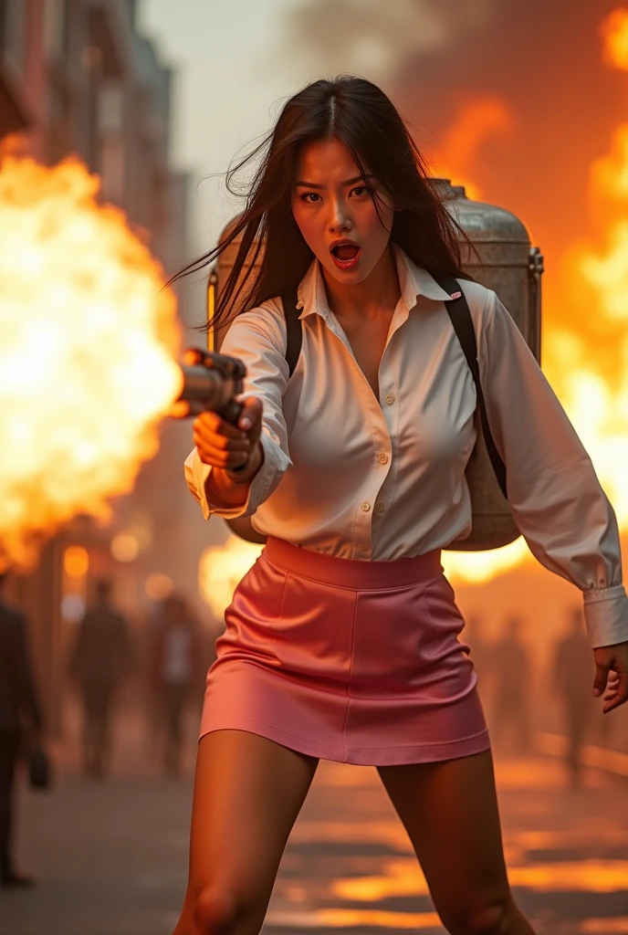 sunny mid day,She wore a short slip dress,Run away on the road, Behind her, there was a large group of zombies chasing, Flames and general destruction, The darkness of the Dark Ages,Medium shot,Cinematic light and shadow,8K clarity
