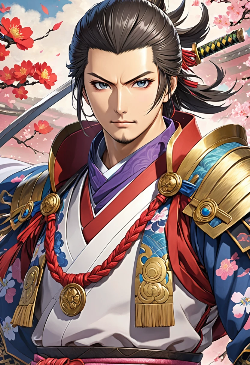 Sengoku Warlords、A close-up of Mori Ranmaru&#39;s face captured completely from the front。He looks straight into the camera with a sharp gaze.、His facial features are distinctive, exuding the masculine strength forged on the battlefield.。The jawline is square and strong.、His face is calm and expresses his strong will.。High, chiseled cheekbones and a straight nose、It symbolizes the firm confidence of a young military commander.。Thick eyebrows and a sharp gaze、It gives a sense of indomitable spirit and unwavering pride.。Her black hair was neatly tied up.、Her hair tied up in a ponytail、It further accentuates his handsome and masculine appearance.。The mouth is tightly closed、The strong determination hidden within is apparent.。In the background is the nighttime battlefield of Honnoji Temple.、A flame burning in the distance、It makes his calm and powerful frontal expression stand out even more.。head shot