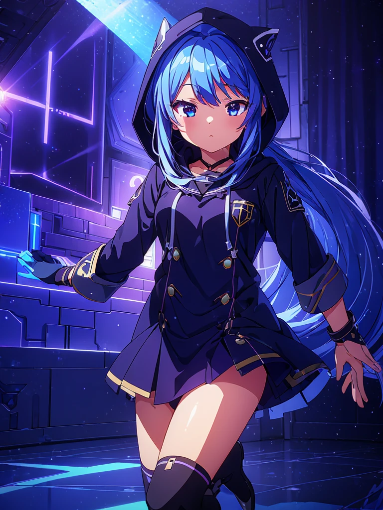 1 girl, High resolution, Long blue hair vtuber Hood on, Reflection light, Navy Purple and Black School Uniform Masterpiece, anatomically correct, The best quality, High details, Very detailed, UHD, 