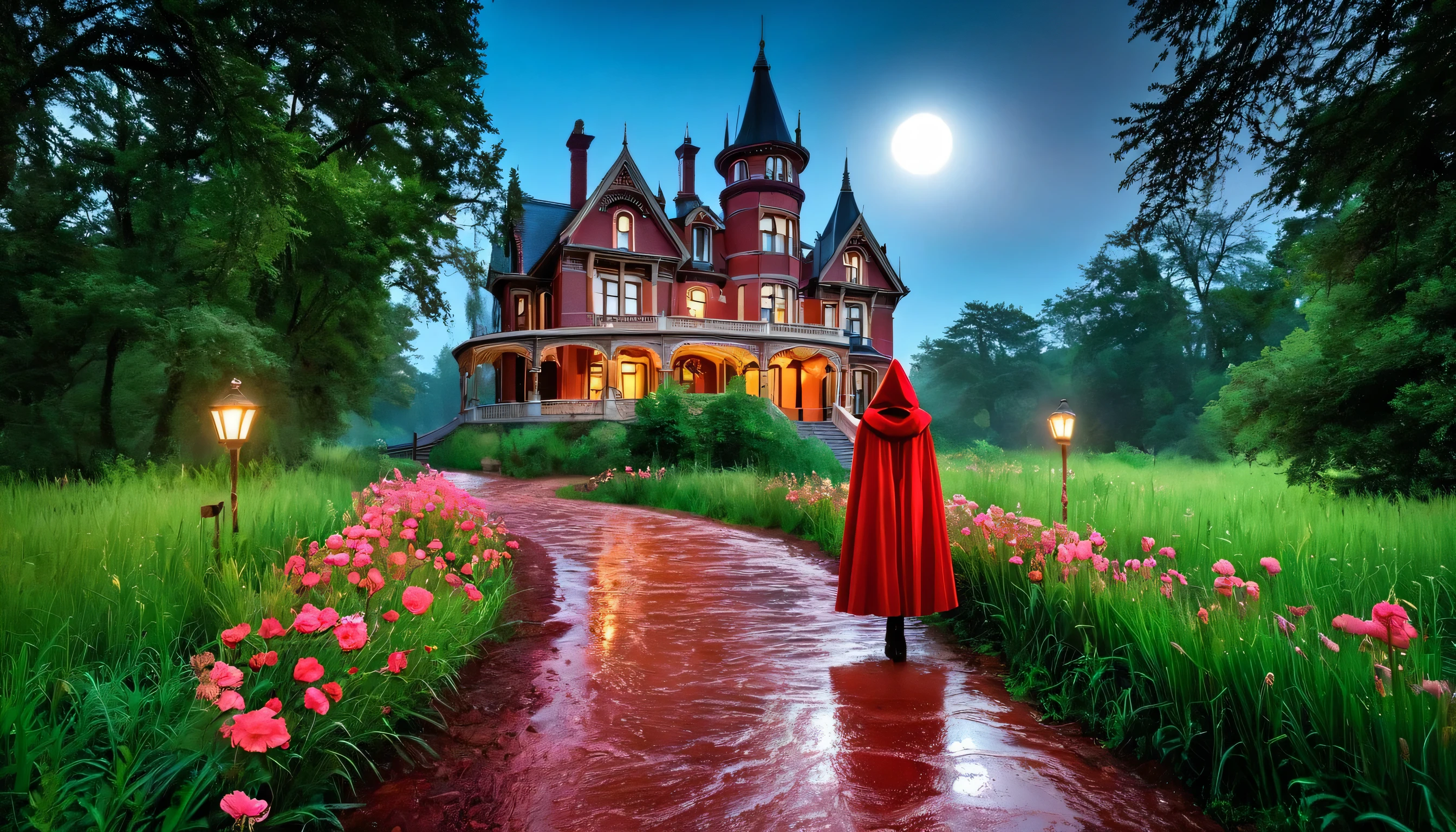 A mystical HDR scene:  ((gigantic Victorian house in Gothic style)) in front of this house is a beautiful woman seen from behind, wears a red hooded cape, standing on a path red stones,  humida, with light posts on both sides, in the forest on the red stone path it goes through the forest while a light rain falls. Water droplets shine on the ground. a narrow path of red mist and steam leading to the house Around it are many giant trees, red and pink flowers and a small cyan-blue river. An ivory-white bridge with gold detailing arches over the river. Fireflies dance in the grass under a clear night sky with a full moon. From a distance,