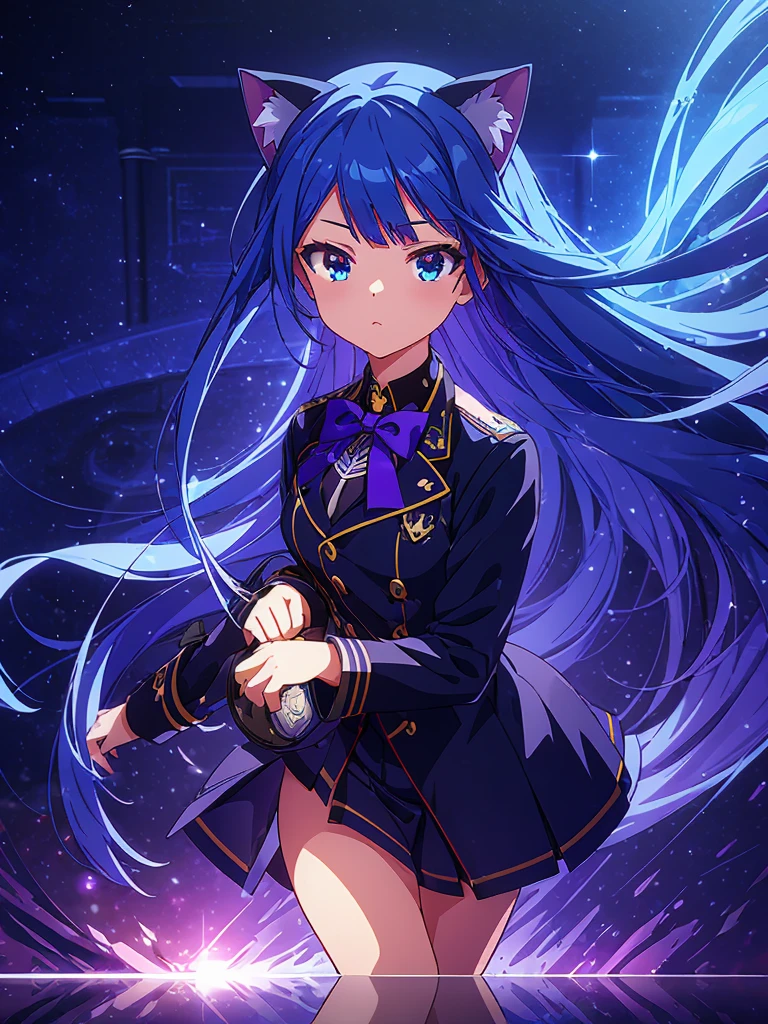 1 girl, High resolution, Long blue hair vtuber Reflection light, Navy Purple and Black School Uniform Masterpiece, anatomically correct, The best quality, High details, Very detailed, UHD, cat ears, 