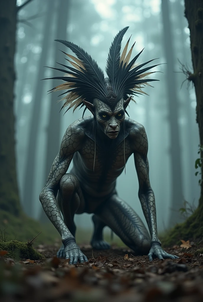 Generate a highly detailed and atmosphereic scene of a mystical forest creature crouching in a misty Woodland setting. The creature has an otherworldly appearance, with intricate body paint resembling cracked earth, and wears elaborate feathered adornments, including a headdress made of dark and light feathers. The creature's face is partially masked, with sharp, angular features and intense, almost haunting eyes. The environment around is dense with fog, with tall trees and a moody, ethereal ambiance, emphasizing the creature's connection to the mystical forest.