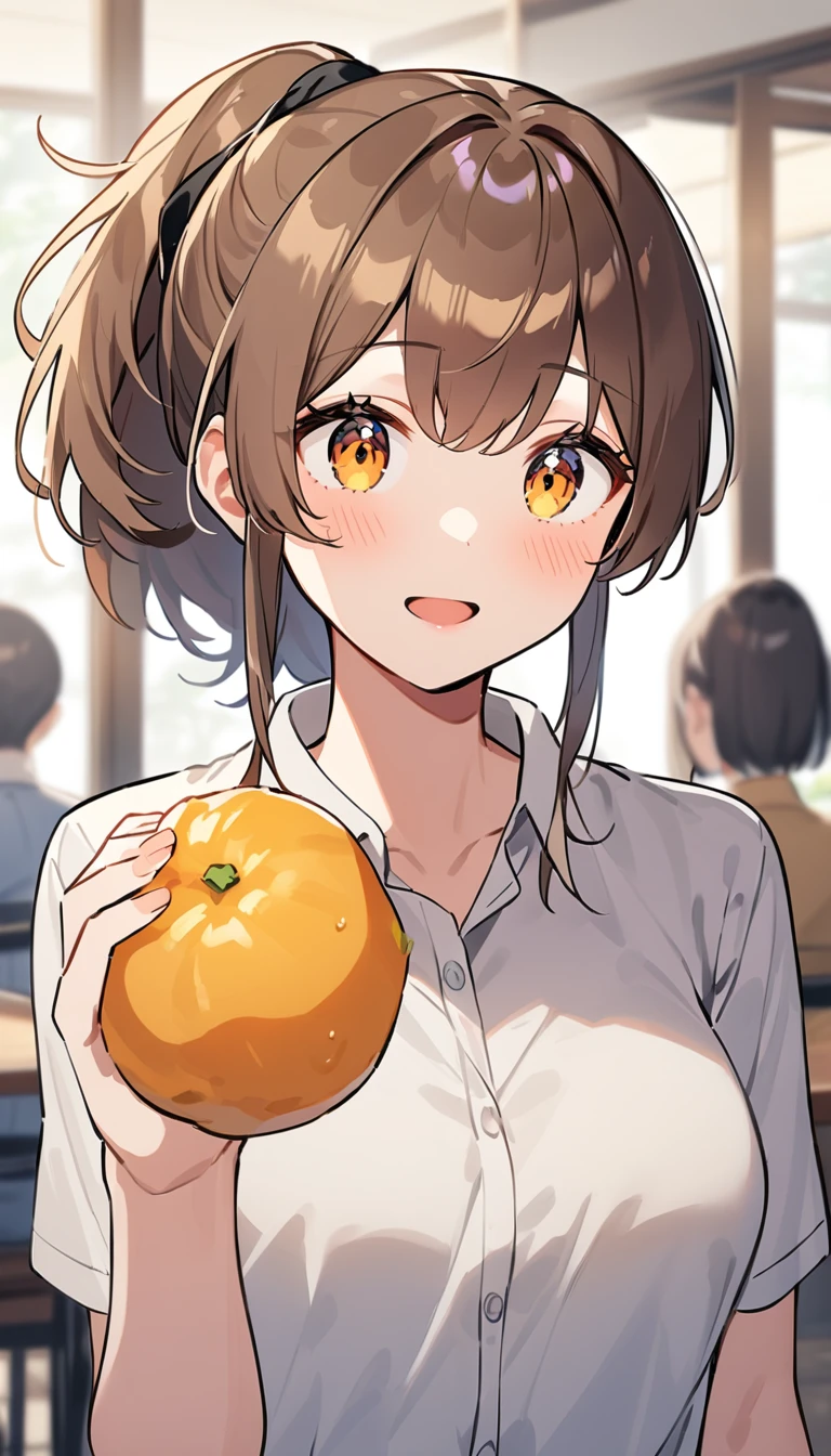 Anime character with orange in front of face, she is eating a peach, sayori, Some orange and blue, a human-like juicy peach, Orange skin, orange head, by Naka Bokunen, けもの, Holding tangerines, by Shingei, she is easting a peach, Cyan and orange
