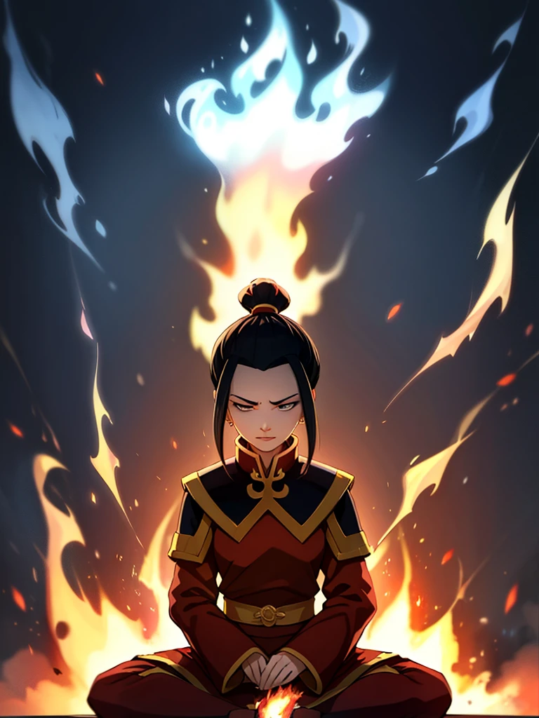 masterpiece, best quality, 1girl, azula with a slight smirk, fire nation clothes, azula (avatar the last airbender), solo, black hair, fire, dark, long hair, topknot, closed eyes, meditating, sitting, avatar meditation,, princess azula, eyes open, pure white eyes, Swirling flames and electricity. Red and blue flames