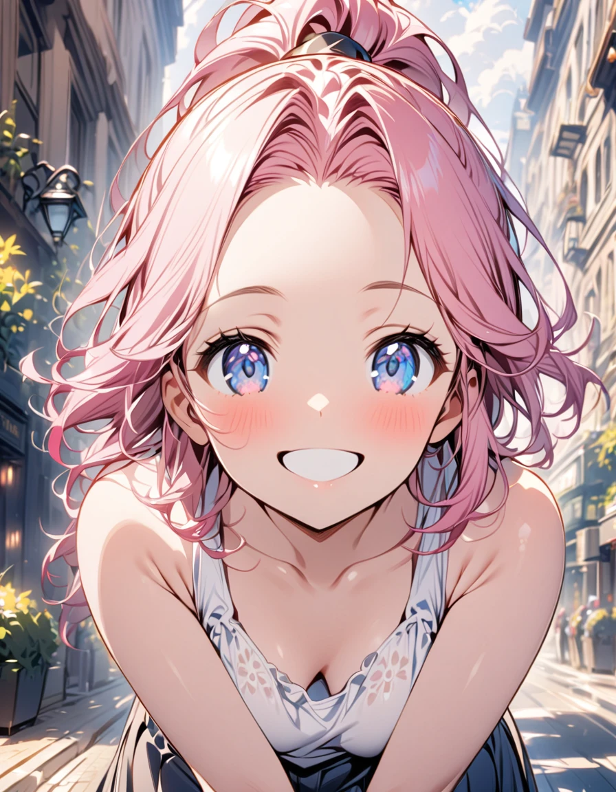 Highest quality, Highest quality, 16K, Unbelievably absurd, Very detailed, 2.5D, delicate and dynamic,A Kind World,One Girl,18-year-old, Pink Hair,Side Up,Private Server,one piece,sexy,smile,Cute,Upper Body,Daytime,In Tokyo,In Asakusa
