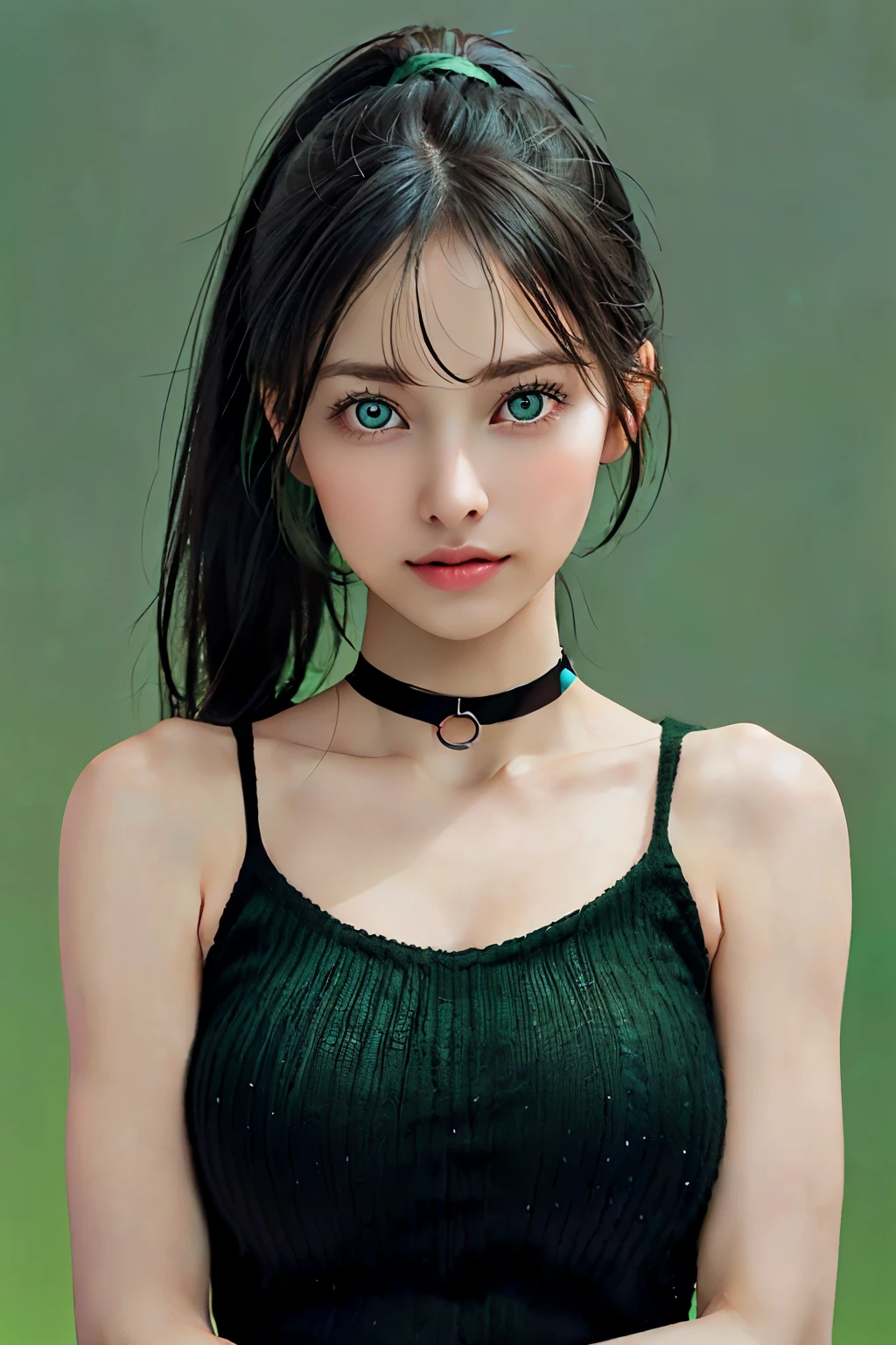 ((realistic lighting, best quality, 8k, table top: 1.3)), ((clear focus:1.8)), break (2 cute girls, duo, Woman in her 20s, Arbitrarily change the face type & Hair in women:1.4), break (perfect beauty, (Very clear skin), (very pale skin), (laugh:0.8), Super Smart, A face with random and very cool details, nice face, Symmetrical beautiful face, Symmetrical beautiful eyes, A delicate eye for detail, droopy big long eyes, Hyper Detail Eyes, Both eyes are synchronized, Focus your attention, In focus, Look at us, thin lips:1.4), break ((7 horse toll, Slanted shoulders, narrow shoulders, Thin upper chest, Thin below the chest, thin waist:1.5), (very large breasts, Soft, well-shaped breasts:1.7)), (Random Color Straight Ponytail Hair Bangs:1.5), (Exquisite and beautiful facial features) break ( Tight Tank Top Mini Long Knit, (Green Knit):1.5), break (black choker:1.5), slim body, break (random mood, Takes a random pose by recognizing body lines synchronized with emotions., Cape Landon, random location, random location:1.5), ((green background), Simple gradient background:1.4), double eyelid,