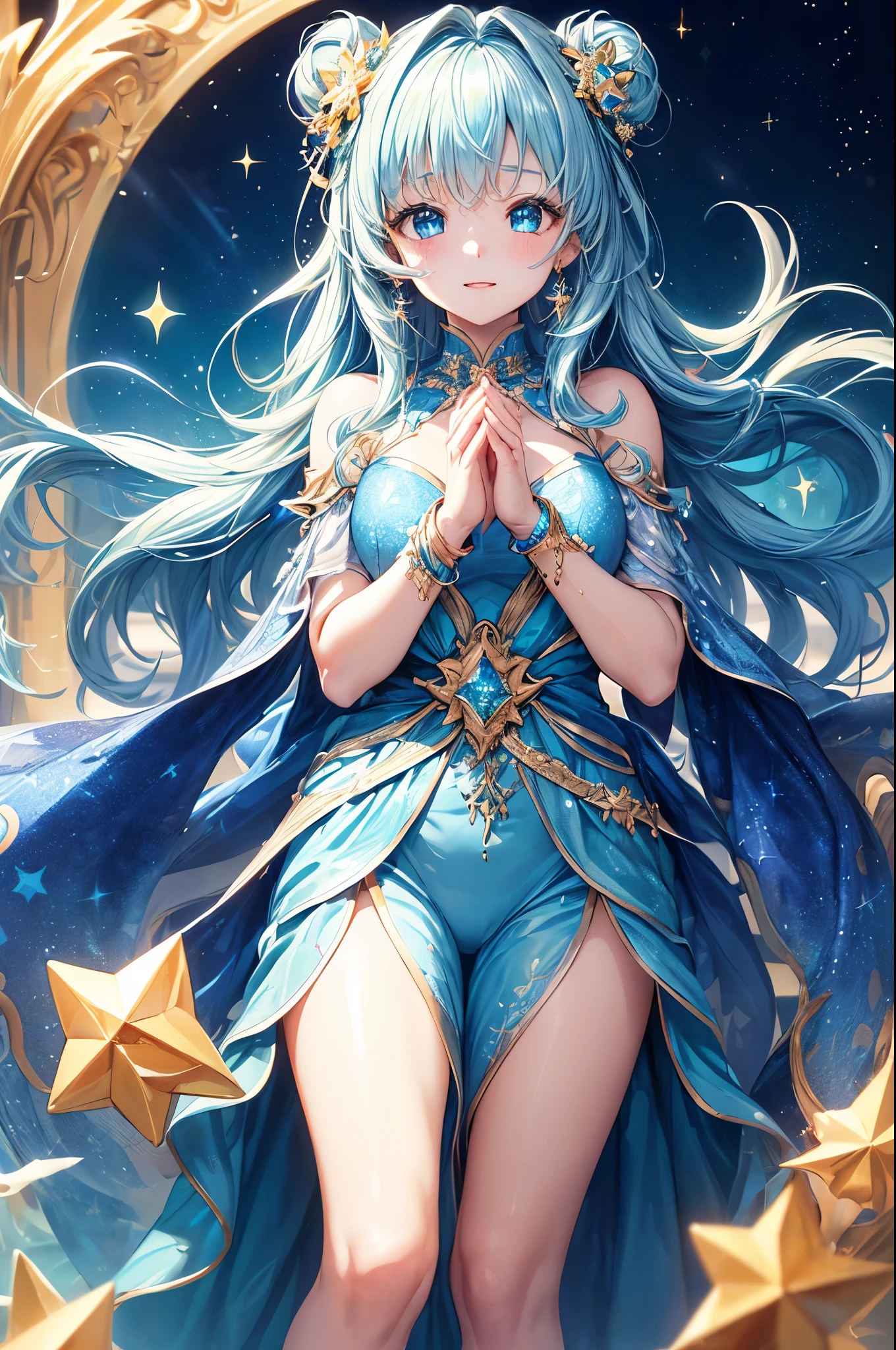 Pretty girl、A charming smile、Blue Long Hair、Engaging pose、Blue and white costume、Fantasia、Crystal jade、constellation、a moon、Fantastic background