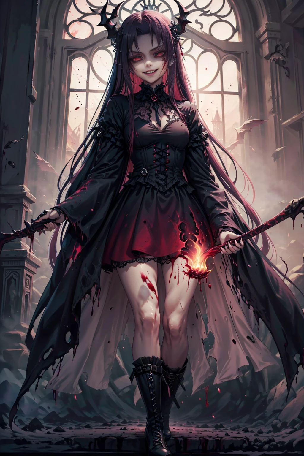 shaded face　、beautiful girl、とてもcute天使、Pink T-shirt、cute、Baby Face、smile、Long skirt、Black long boots、.(Highest quality,4K,High resolution,Masterpiece 1.2),Very detailed,Realistic 1.37,Spooky altar background,Dark fantasy,Red color scheme,Ominous atmosphere,Eye-catching,Storytelling,anatomy,Anime Style,Concept Art,beautiful細部までこだわった顔と (((Red eyes ))),A terrifying ritual ,Satanic Ritual,Premature death,inappropriate behavior,クレイジーなsmile,Scythe Face,Girl Monster, beautiful, Delicate facial features, Sharp Eye, Sharp Fangs, pale skin, Dark Background, Cinema Lighting, Dramatic Shadows, Gothic style, Gloomy atmosphere, Dark fantasy, one person&#39;s, Please open your mouth wide, Open your mouth and baring your teeth,Sharp teeth like a beast, Wide lips, very wide mouth, Vermilion cheeks, ,(Blood splatter1.3),Scary smile, smile,Angel Design, Twisted smile、Bloody、bleeding from the head,,,,,、Blood splatter、,(Blood splatter1.3),skull,Horror Style, ((Fantasy Sweet Ta Frill Pink Costume)), ((Flowing blonde hair)), ,(Blood splatter1.3),Female curves, Sexy flat stomach, Perfect hands, Perfect anime face, (Pink Tata Dress)), Are standing, ((邪悪なsmile)), ,(Blood splatter1.3), Steam circulates, Moonlight Illumination, night lighting, (Blood splatter1.3),アニメAngel Design, Twisted smile、Bloody、bleeding from the head,,,,,、Blood splatter、,(Blood splatter1.3), skull,Gothic architecture、Western architecture、Fantasy World、,Victorian cities, Skeleton Gas Light,Absurd, High resolution、 ((Tabletop)), ((Highest quality)), (Very detailedな), ((Very detailed)), (beautiful), ((cute)), (nfsw1.8), alone,(1.6)、(world&#39;The most terrifying and creepy demon girl 1.5)beautiful face、Whole Body Ezbian、pale, beautiful肌、beautiful金の髪、優しくsmileむ、Dark building ruins、(snow white&#39;Frill dress 1.3)、(The dark ruins are stained with blood 1.3)、Low angle full body shot、(少女は血の海の中にAre standing1.2)、(The ground is .3)、(The girl lost a lot of blood....1.3)、(クレイジーなsmile1.6)、Spirits、(Blood dripping from the mouth 1.3)、
