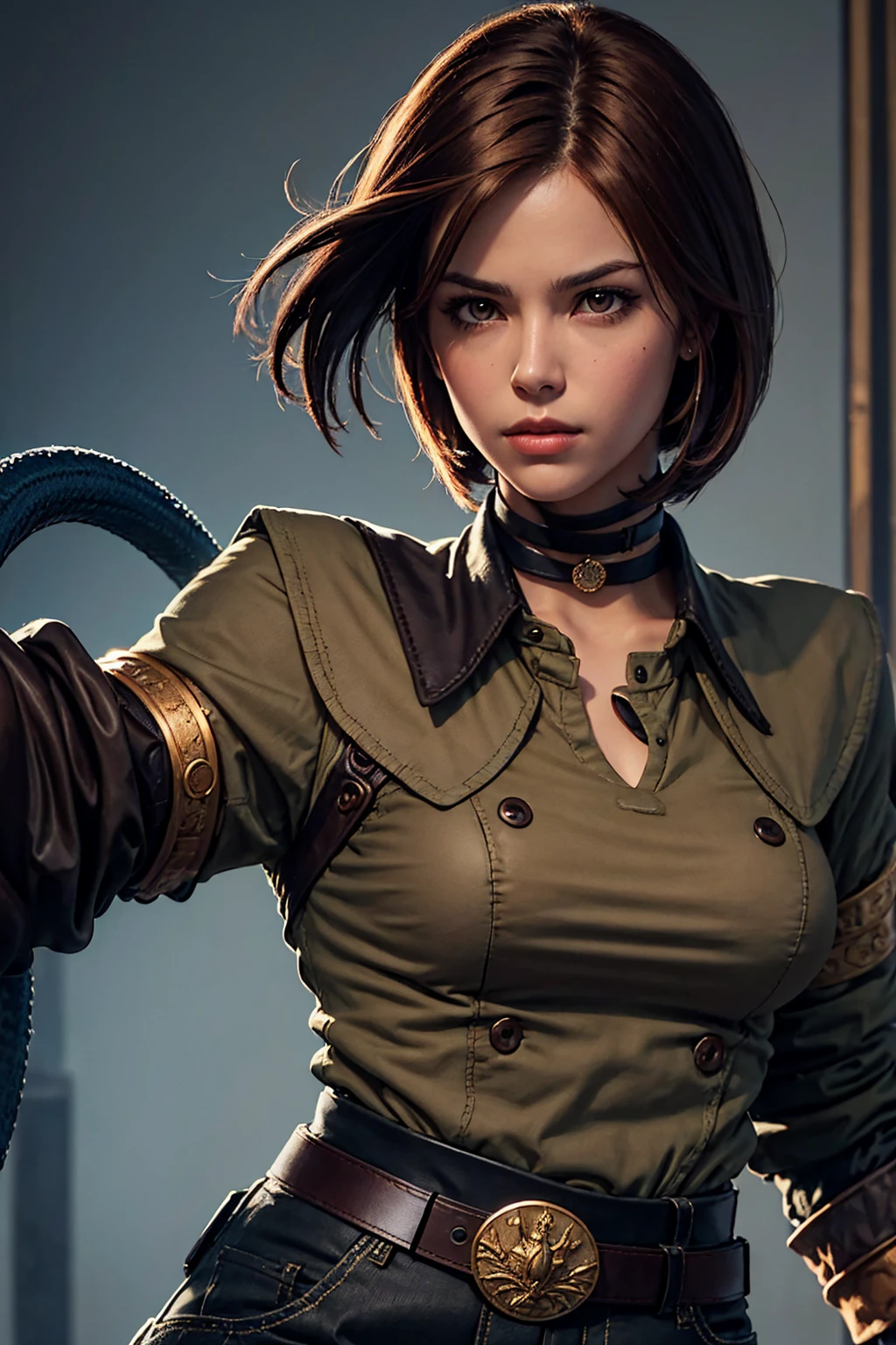 whipms, gloves uniform military, pants, belt, choker, MASTERPIECE, detailed face, solo, looking at viewer, half body, Brown medium hair, (with a blue whip), breasts, military background, Whip, The King of Fighters, semi-realistic 