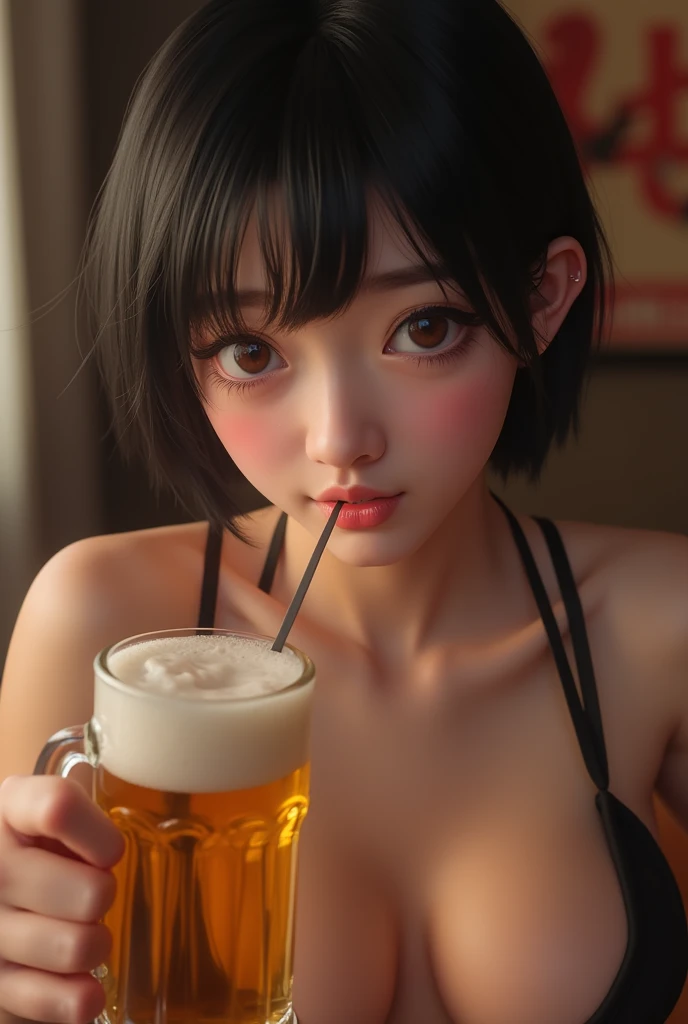 ((Highest quality, 8k: 1.1)), 1 female,Drinking beer while jerking off the cameraman&#39;s penis、Beauty、Japanese、Short Hair:1.5,Shiny black hair、I can see the ears、looking at the camera、A teasing smile、Half-open mouth、Embarrassed look、blush:2.0