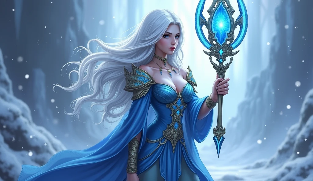 Fantasy Female sorceress, icy white hair, nordic, fair skin