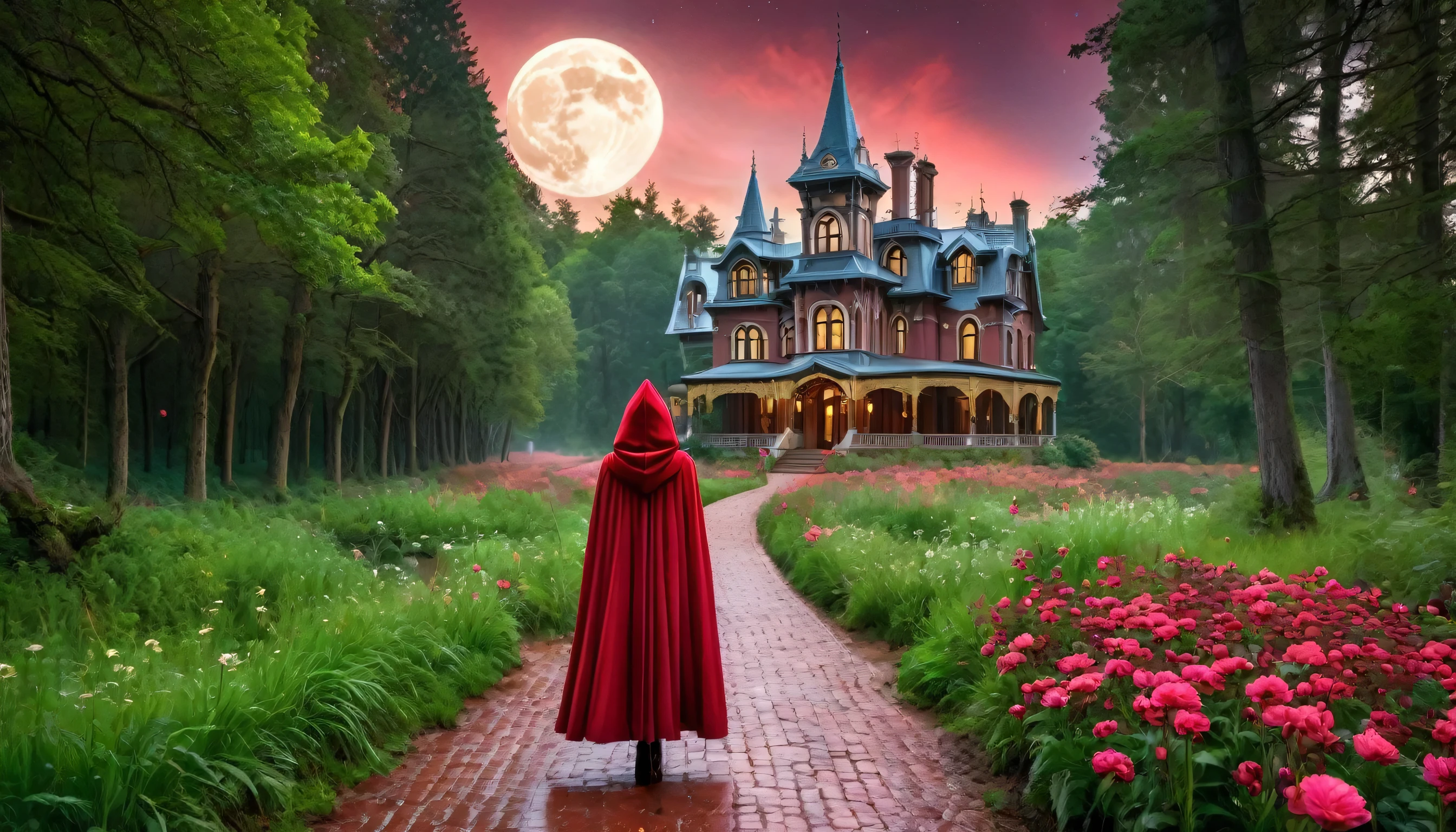 A mystical HDR scene: ((gigantic Victorian house in Gothic style)) in front of this house is a beautiful woman seen from behind, wears a red hooded cape, standing on a path red stones, humida, with light posts on both sides, in the forest on the red stone path it goes through the forest while a light rain falls. Water droplets shine on the ground. a narrow path of red mist and steam leading to the house Around it are many giant trees, red and pink flowers and a small cyan-blue river. An ivory-white bridge with gold detailing arches over the river. Fireflies dance in the grass under a clear night sky with a full moon. From a distance,