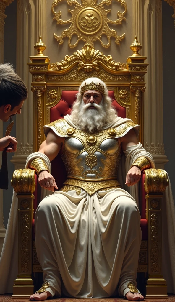 mature old man, tough, virile, bulging muscles, plump, hairy, furry body, massive feet, clear eyes, skimpy silk tunic, intricate details, jewelry, glowing magic, vivid colors, throne room, particle effect, epic fantasy, live action